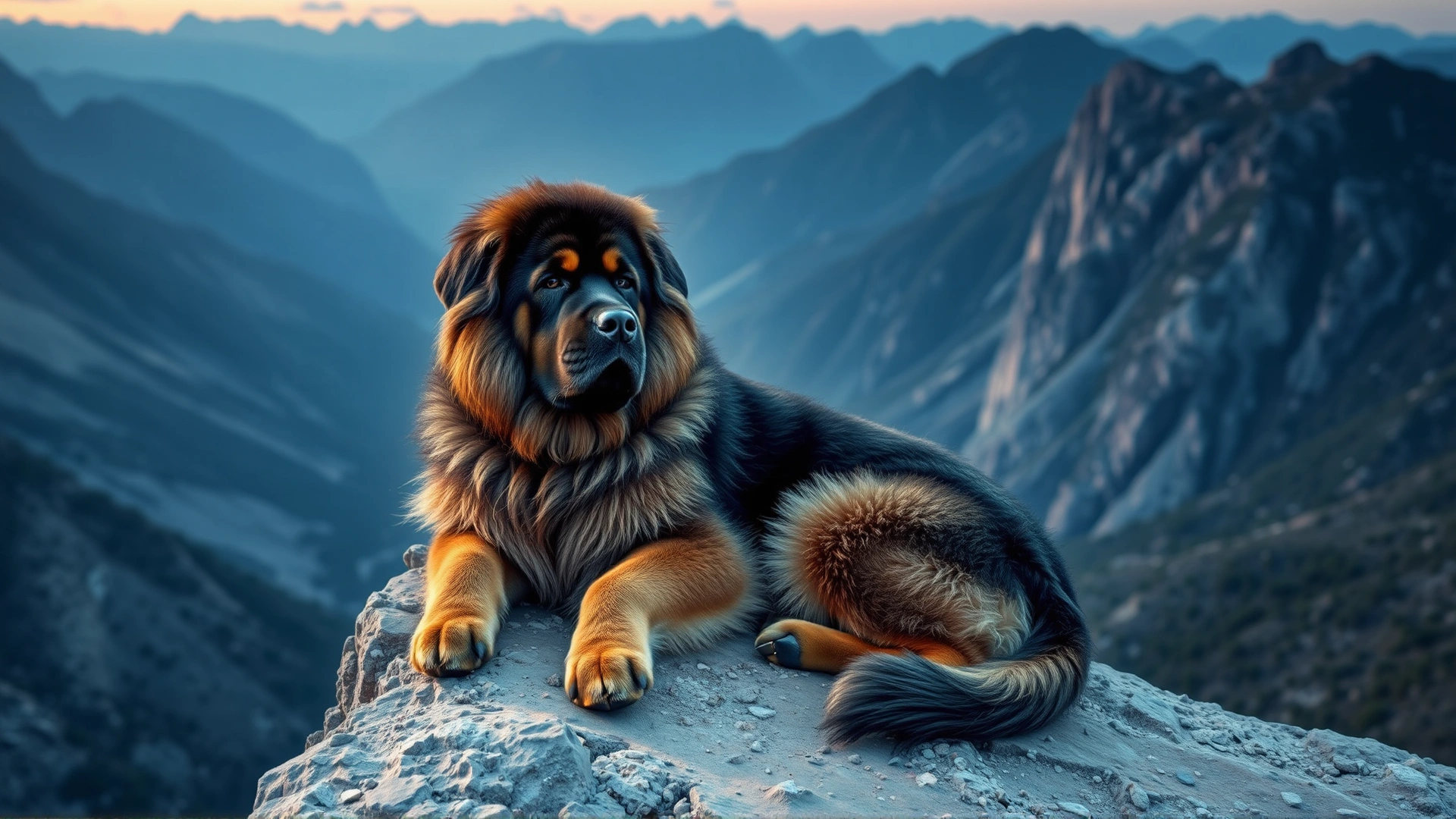 Tibetan Mastiff resting on a rocky ledge overlooking a dramatic mountain valley at dusk.