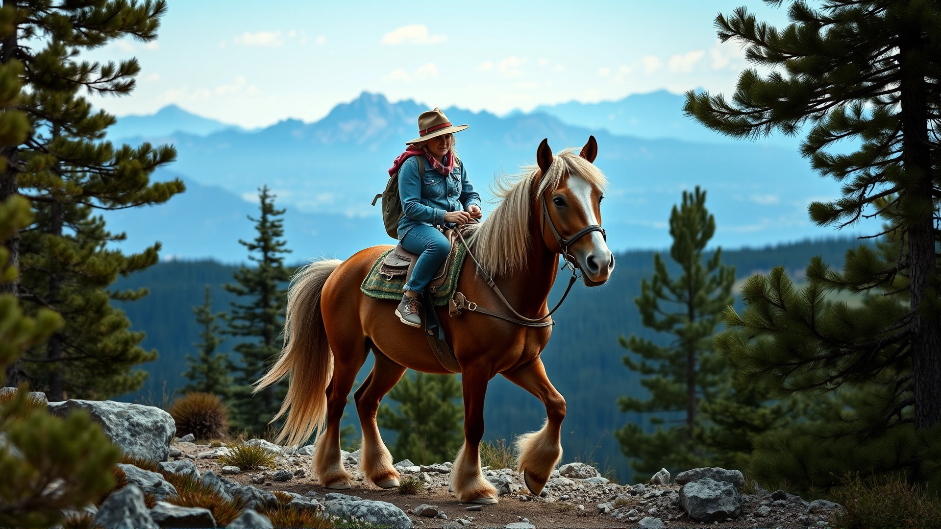 Haflinger carrying a rider along a rocky mountain trail surrounded by pine trees and distant peaks, showcasing the breed’s sure-footedness.