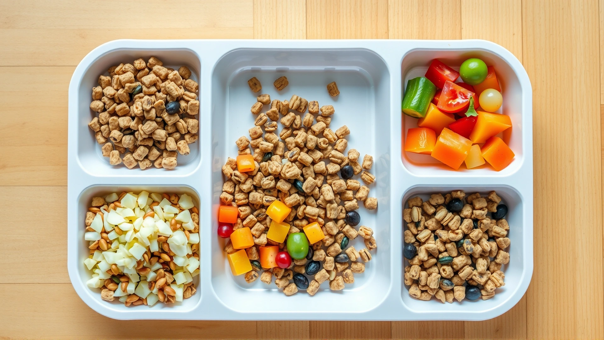 Bright top-down shot of a divided feeding tray showing commercial rodent pellets, fresh chopped vegetables, small fruits, and seeds, placed on a wooden surface.