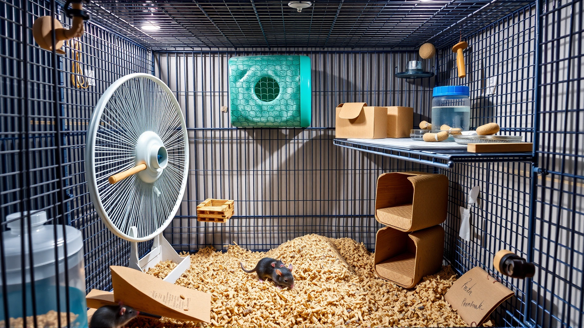 Well-lit photo of a spacious multi-level wire cage setup for fancy mice, containing a solid exercise wheel, hide boxes, chew toys, water bottle, and paper-based bedding.