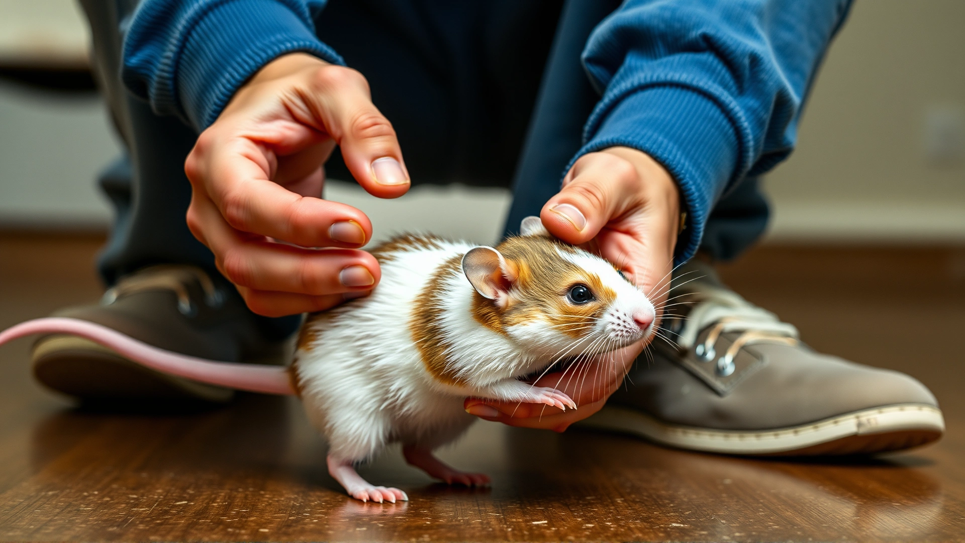 Instructional photo of a person gently scooping up a white and brown fancy mouse with both hands at floor height, demonstrating proper handling technique.