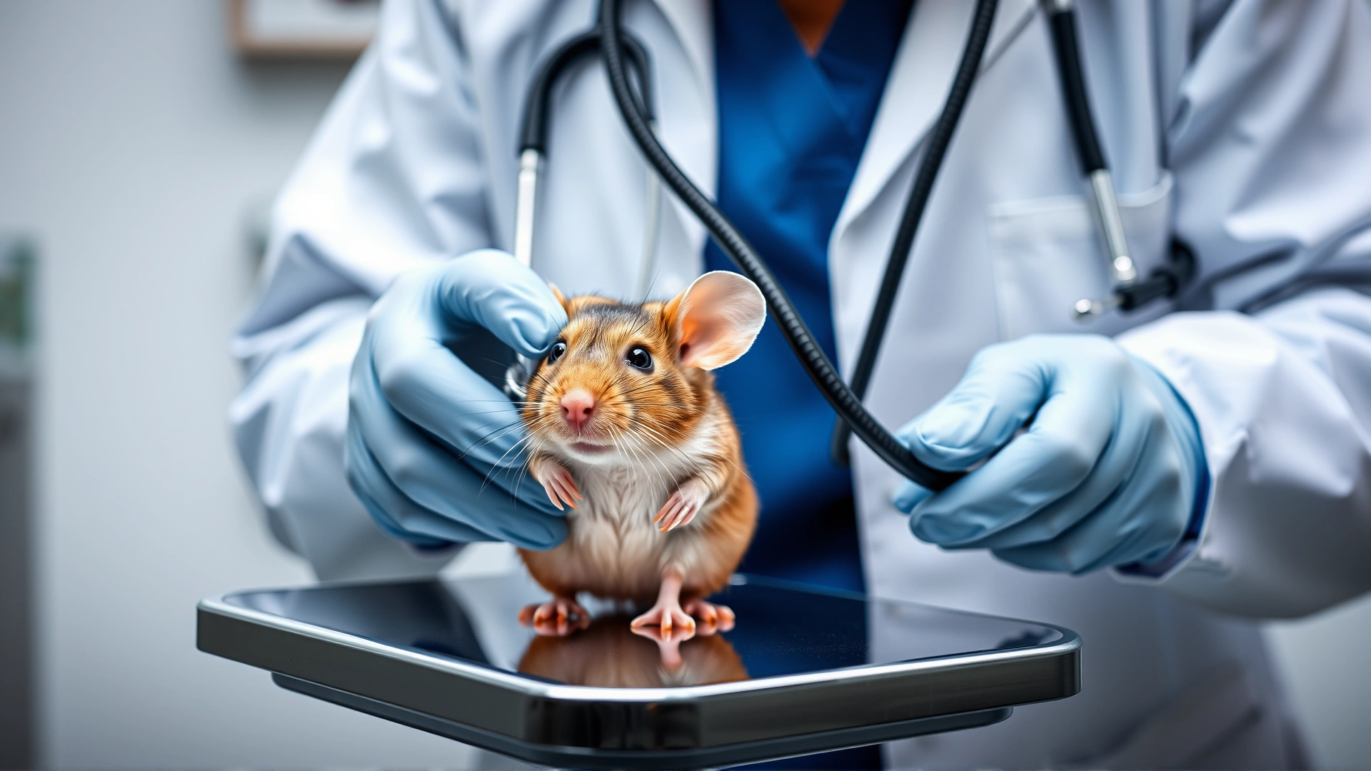 Veterinarian wearing gloves examining a fancy mouse with a stethoscope on a small exam table at a clinic.