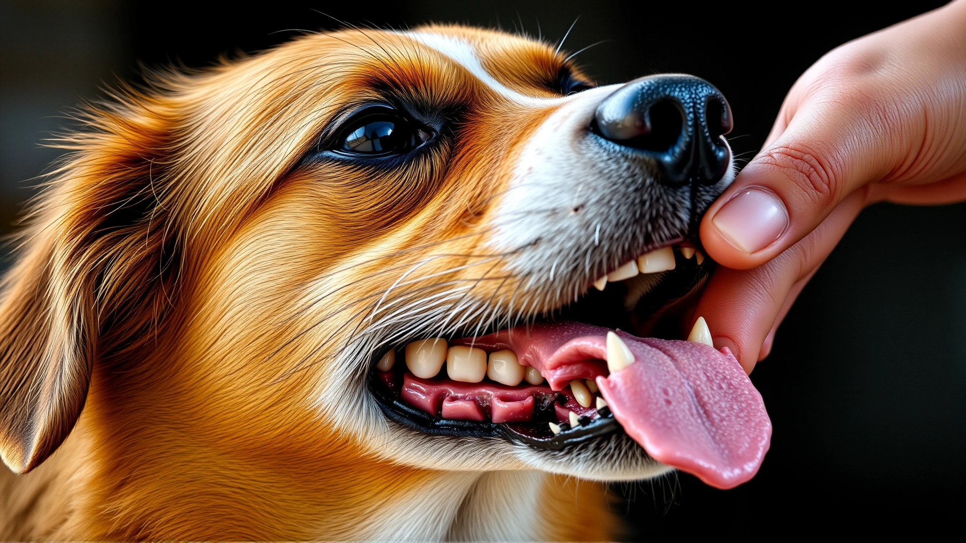 Dog with mouth slightly open while owner lifts lip to show clean teeth and gums.