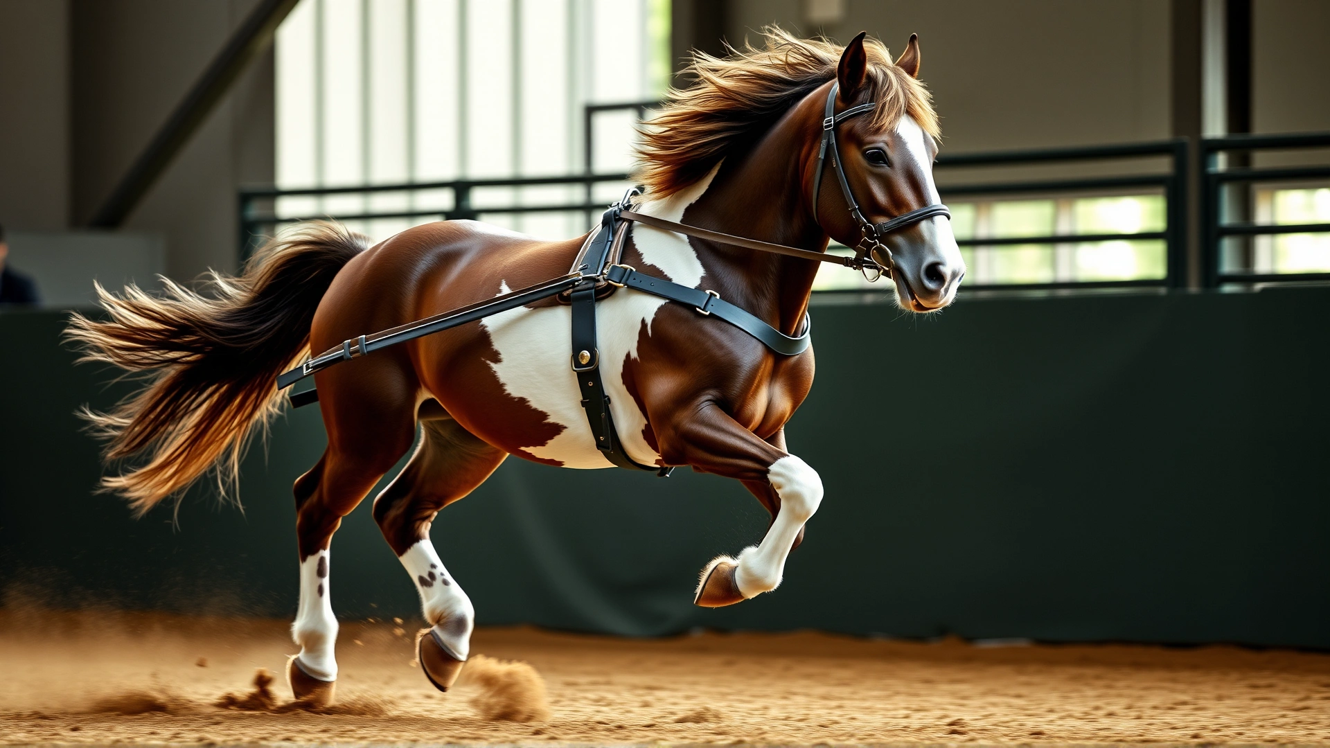 Hackney Pony captured mid-trot in an arena, knees lifted high, mane flowing, dust swirling around its hooves.