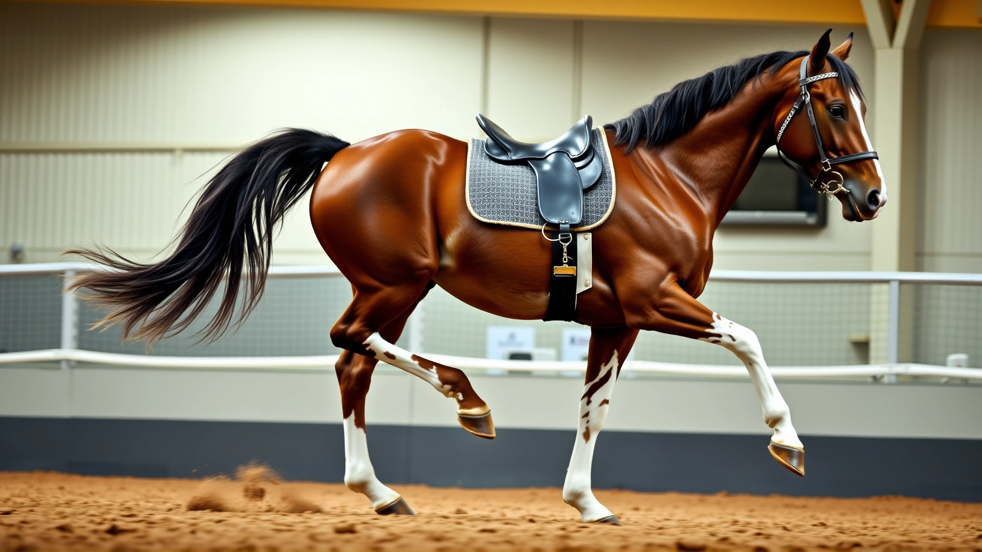Dynamic action photo capturing an American Saddlebred in mid-rack gait inside an indoor show ring, hooves off the ground.