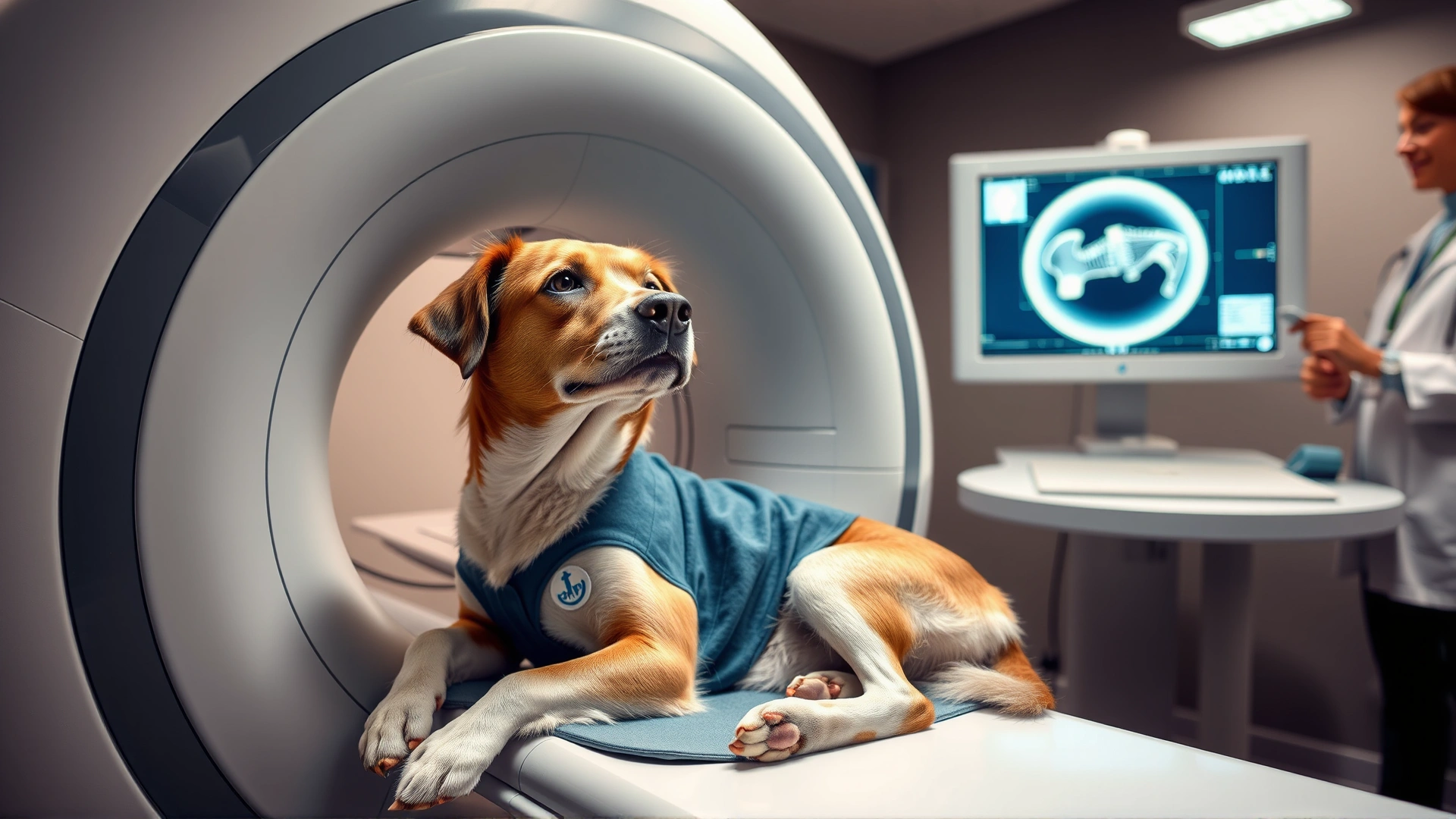 Sedated dog positioned inside an MRI machine while a veterinarian monitors the scan on a screen in the background.