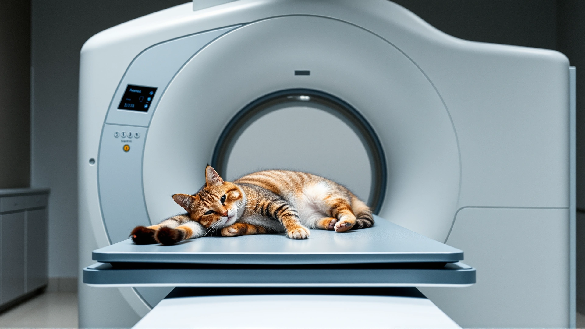 Sedated cat lying on a table being moved into a veterinary MRI scanner, modern clinical setting, no text.