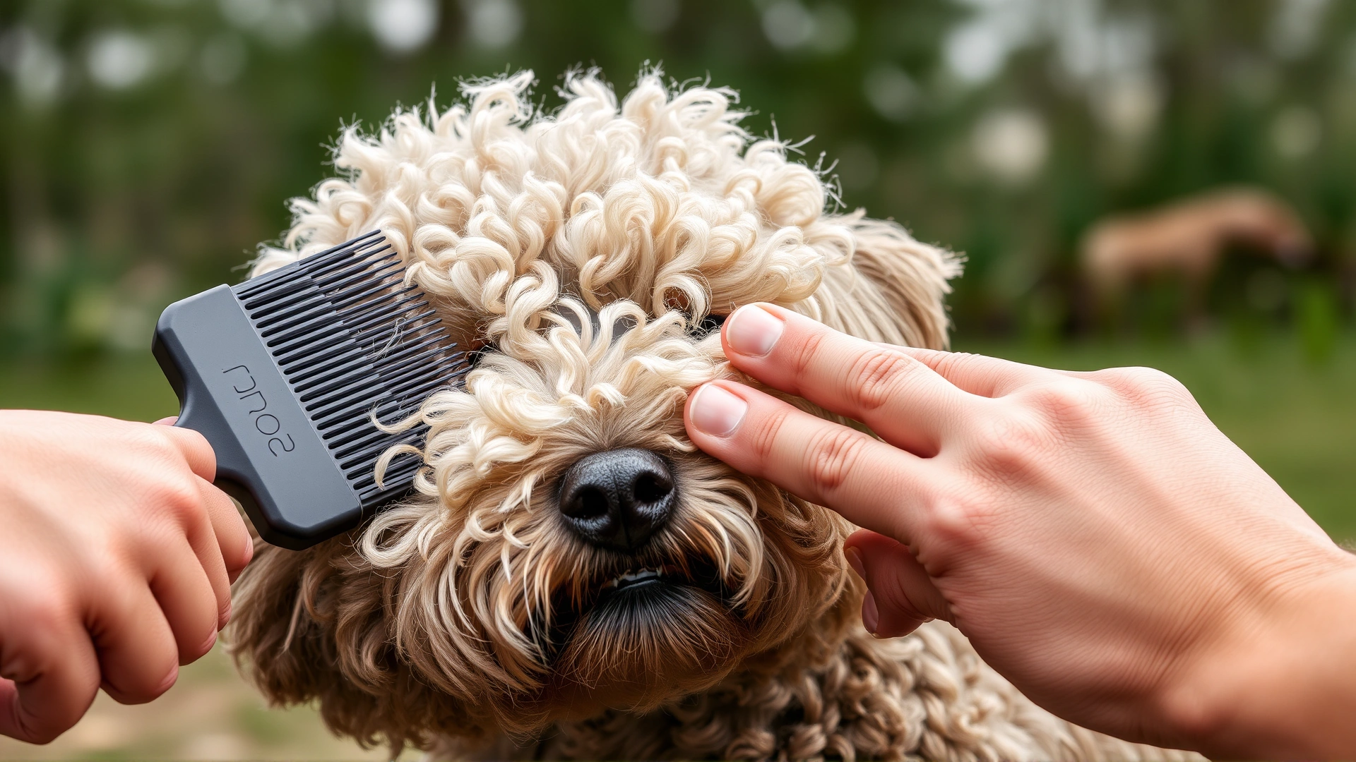 Close-up of a person gently brushing the curly coat of a Mudi dog outdoors, highlighting coat texture and grooming care.