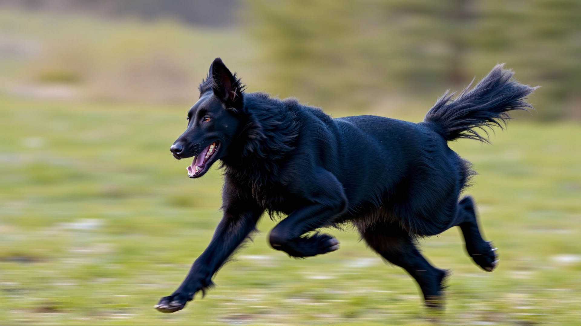 Action shot of a black Mudi dog sprinting across an open meadow, with motion blur on the background to emphasize speed and agility.