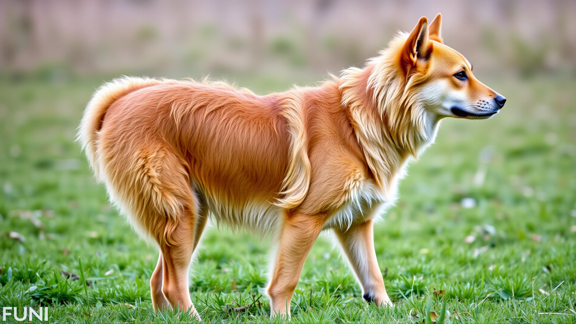 Full-body side profile of an adult Mudi dog standing in a grassy field, clearly displaying its wavy coat and erect ears, captured in natural daylight.