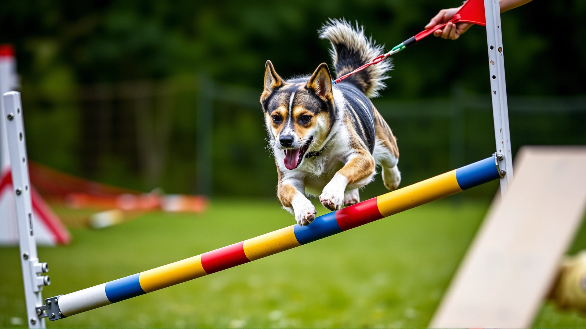 A focused Mudi dog performing an agility jump over a colorful hurdle while its handler guides it, showing athleticism and concentration.