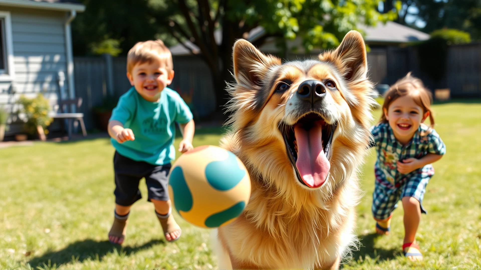 Friendly Mudi dog playing fetch with two smiling children in a sunny backyard, illustrating the breed’s family-oriented temperament.