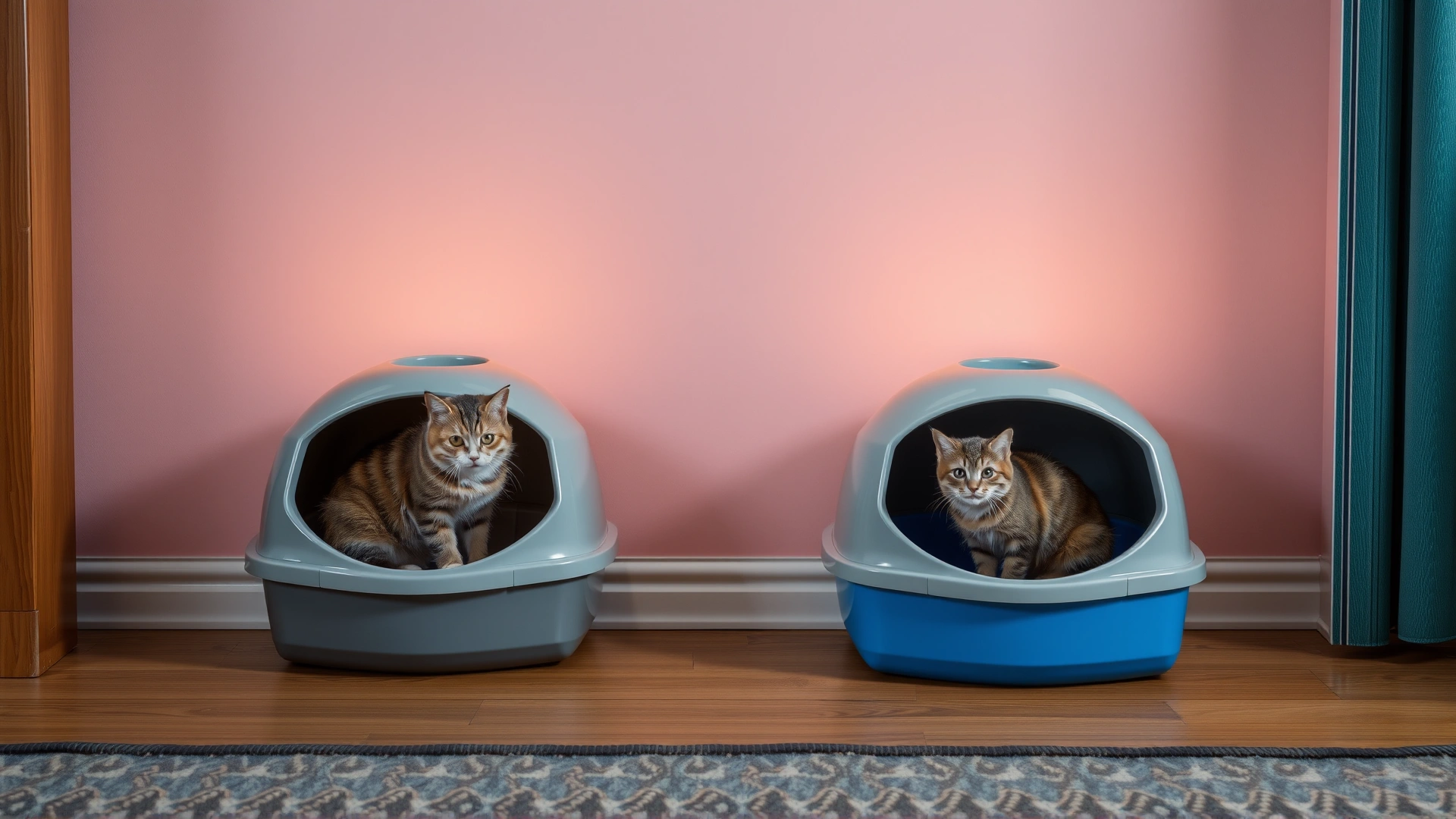 Two separate litter boxes placed in different quiet corners of a home.