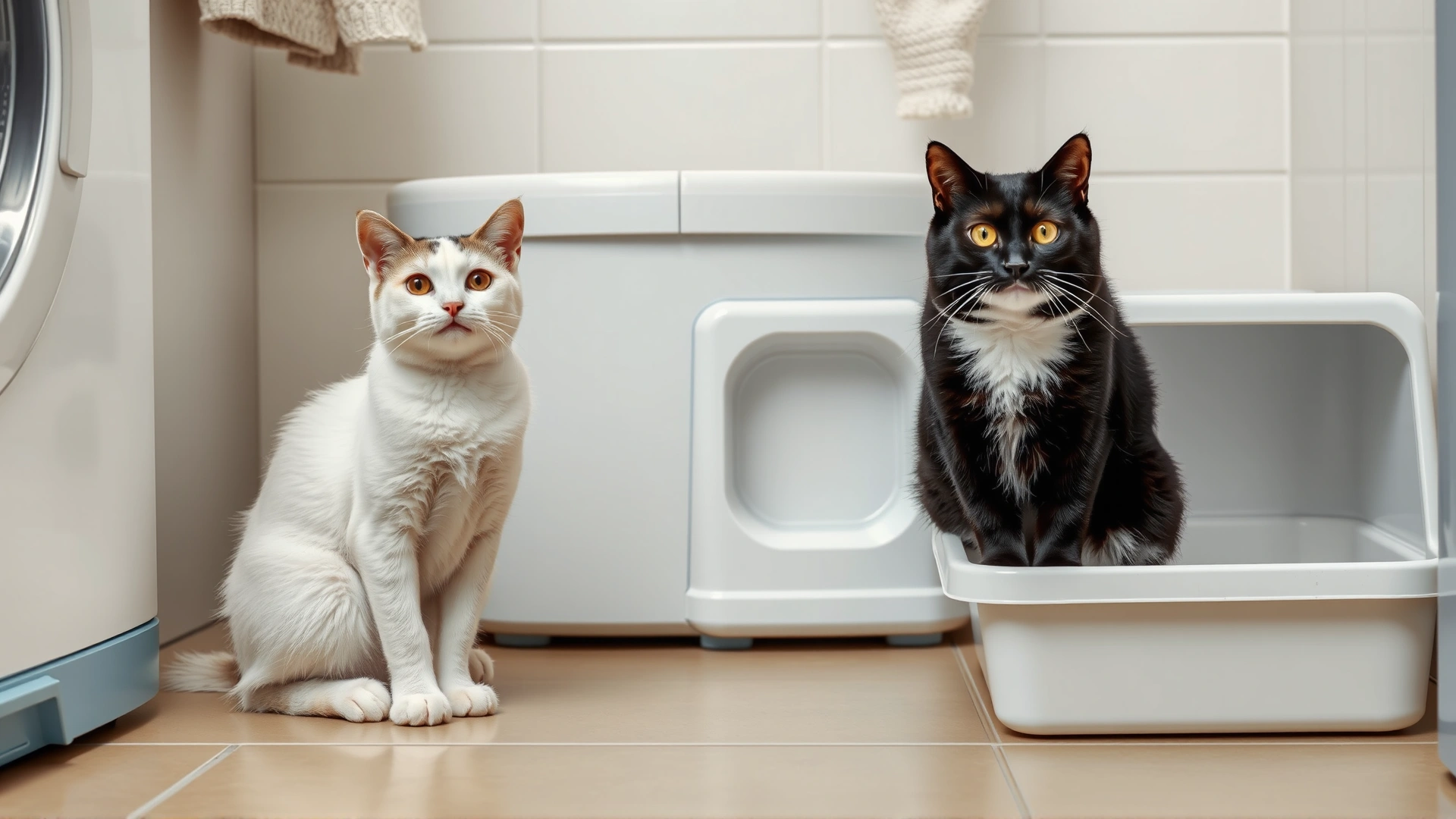 Two friendly cats (one black, one white) waiting their turn beside separate litter boxes in a tidy laundry room.