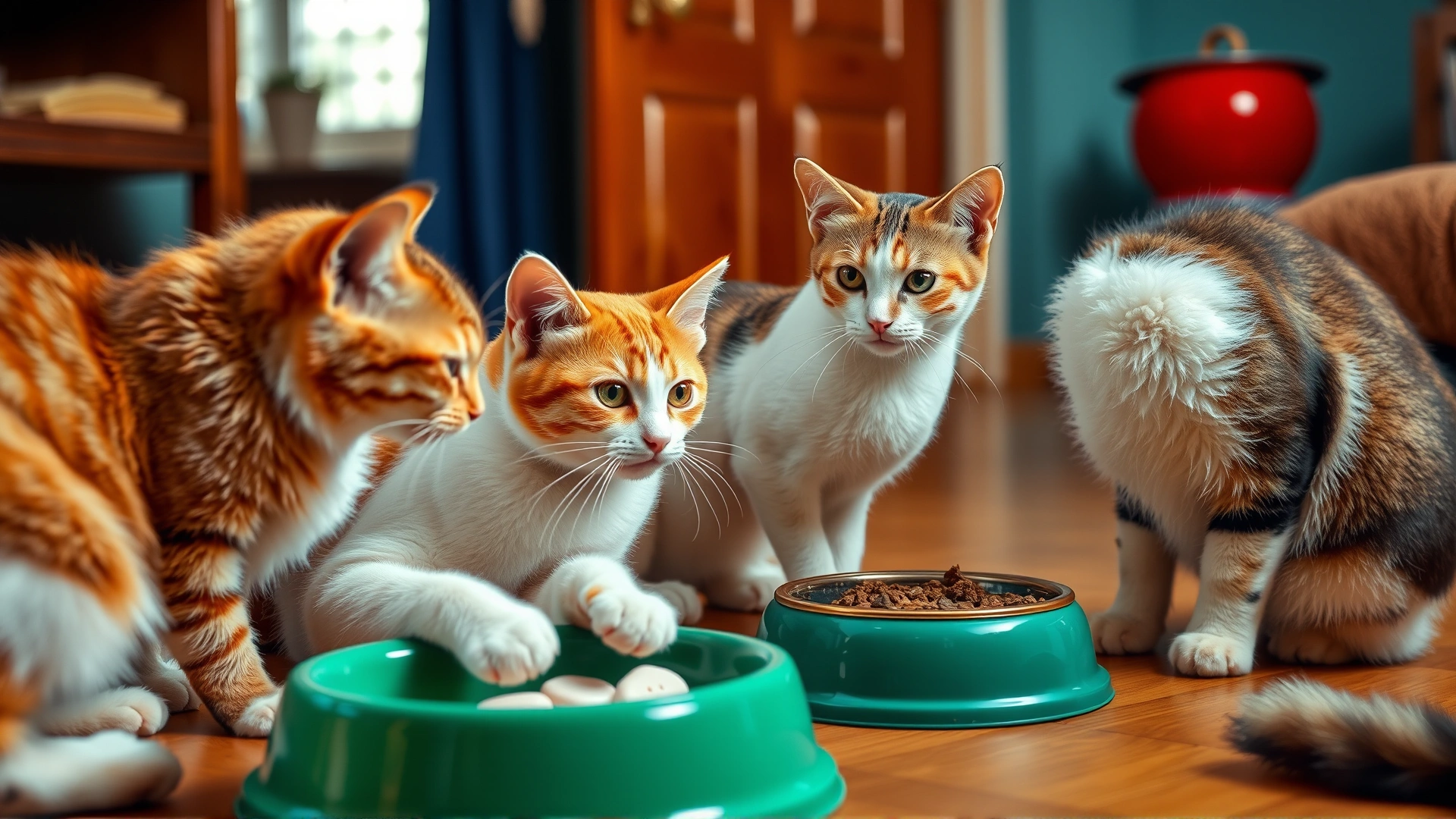 Group of three domestic cats sharing the same indoor space with feeding bowls around, representing a multi-cat household where infections can spread.