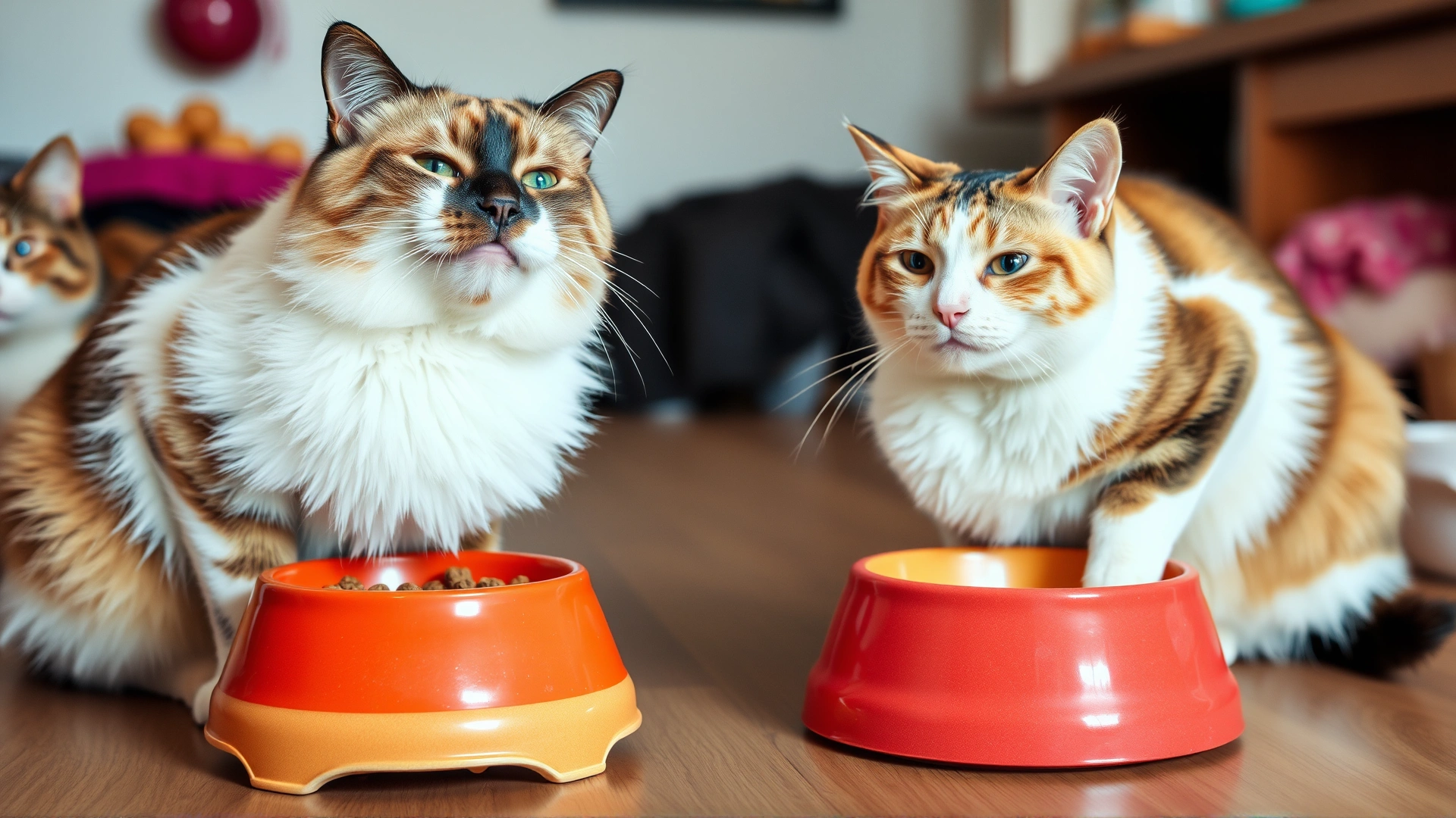 Two cats eating peacefully from separate bowls placed at different heights in a multi-cat household setting.