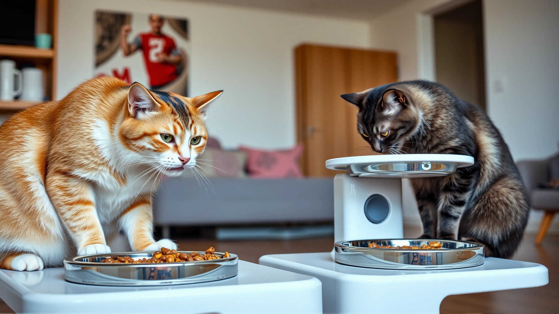 Two cats of different ages eating from elevated feeding stations in a modern home interior, demonstrating separate feeding areas.