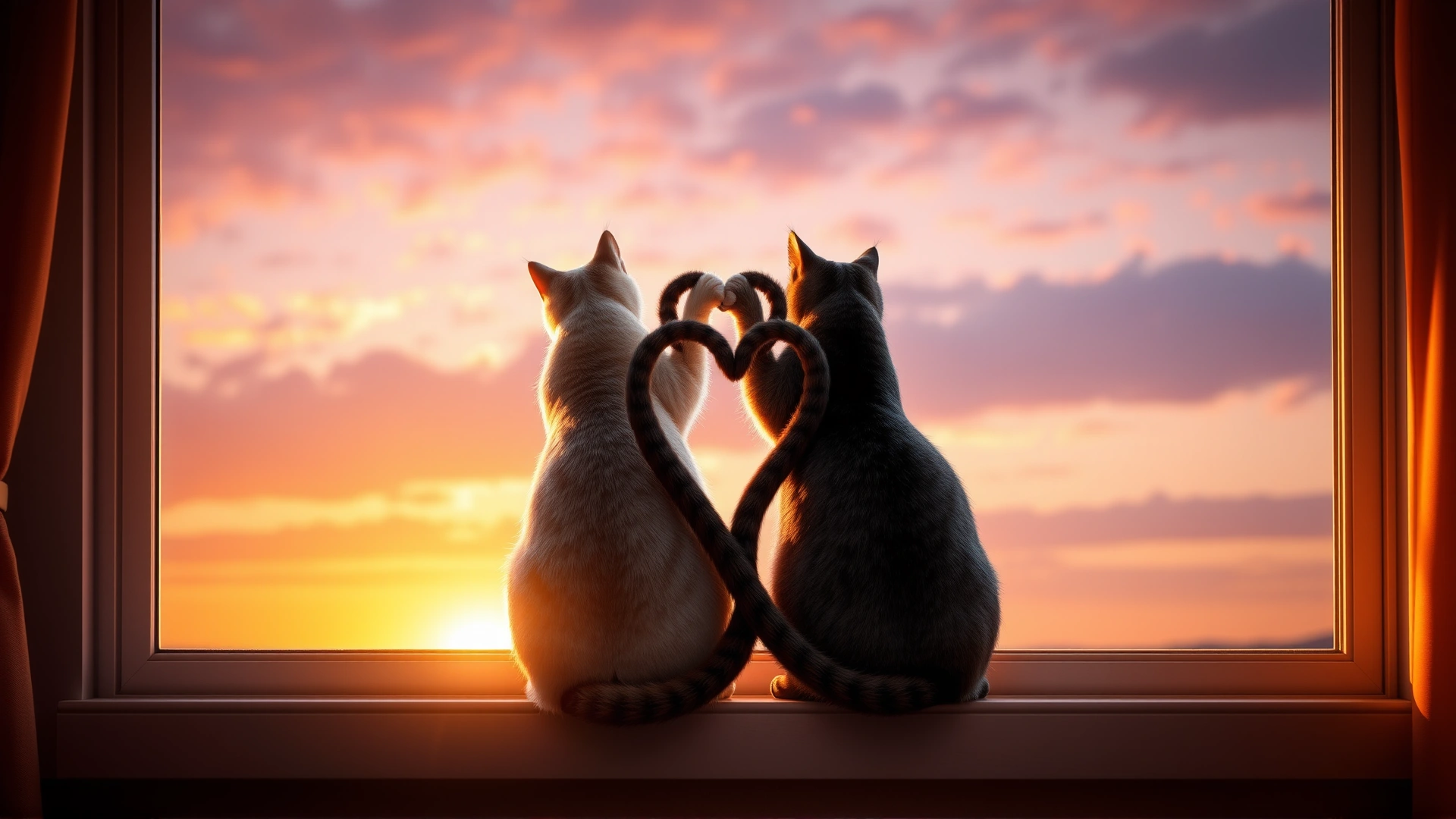 Two cats sitting on a windowsill with their tails intertwined forming a heart shape during sunset