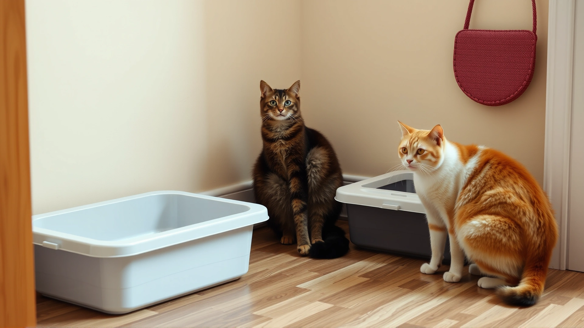 Two litter boxes placed side by side in a quiet corner with two cats nearby, illustrating multi-cat household setup