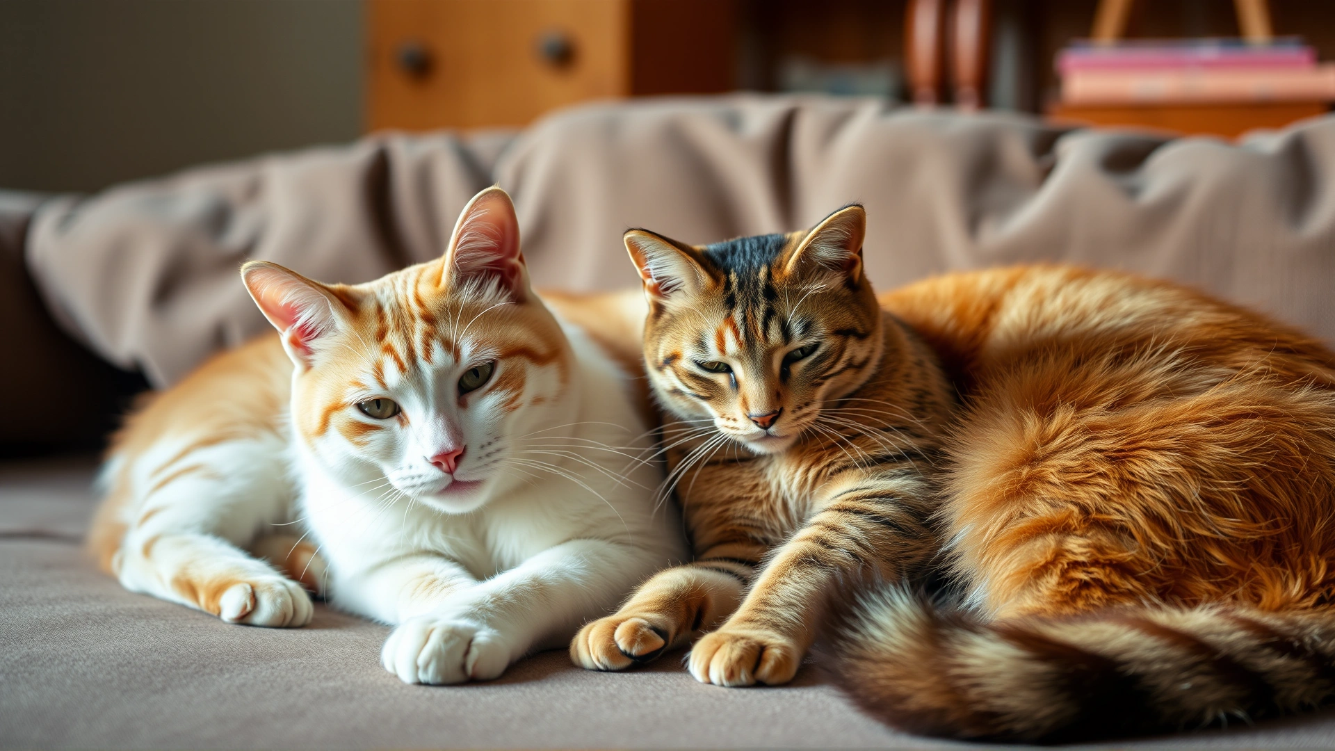Two cats of different colors calmly sharing a couch in a multi-cat household, illustrating reduced inter-cat tension