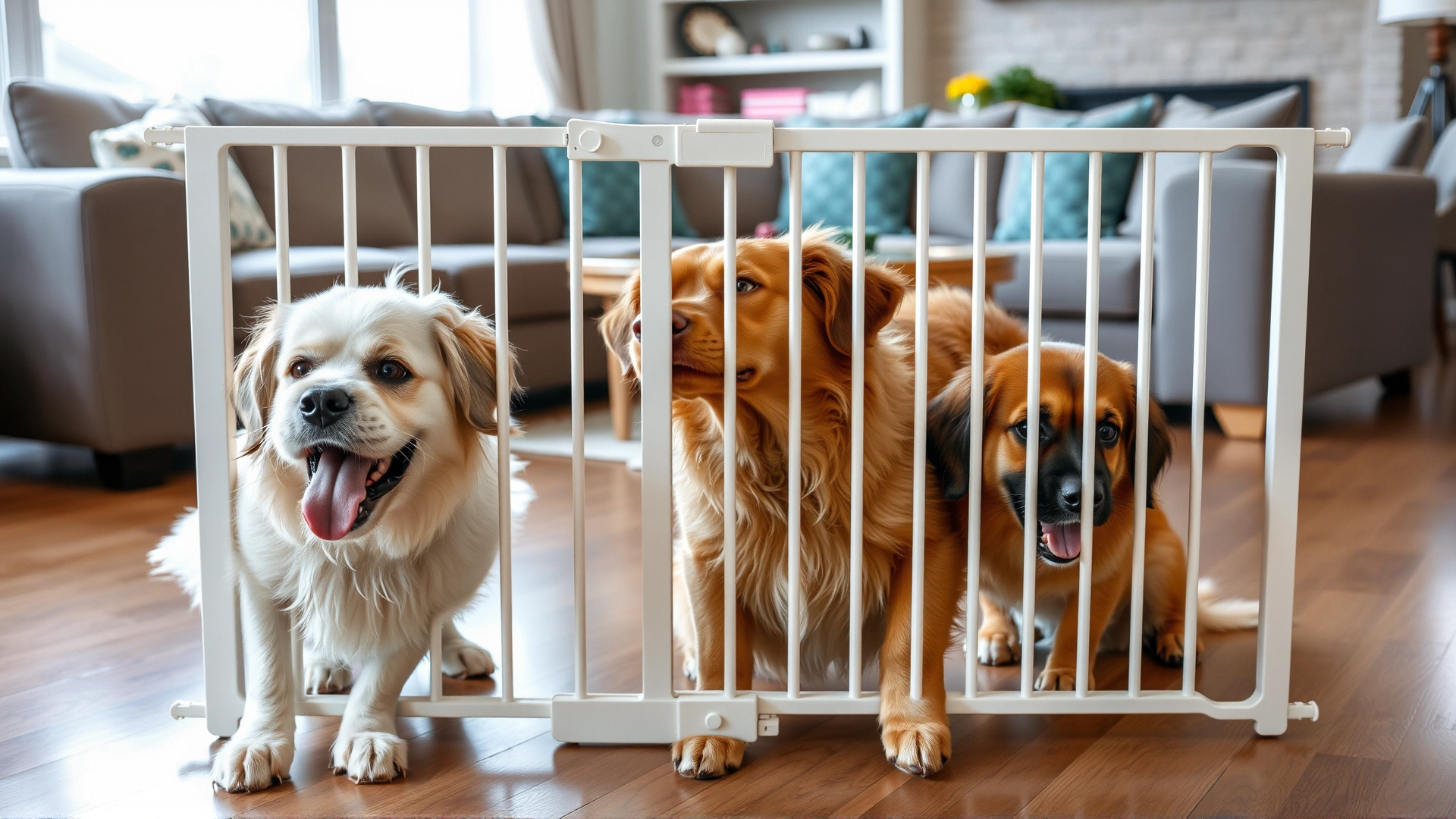 Two dogs of different sizes eating behind a baby gate in separate areas of a living room