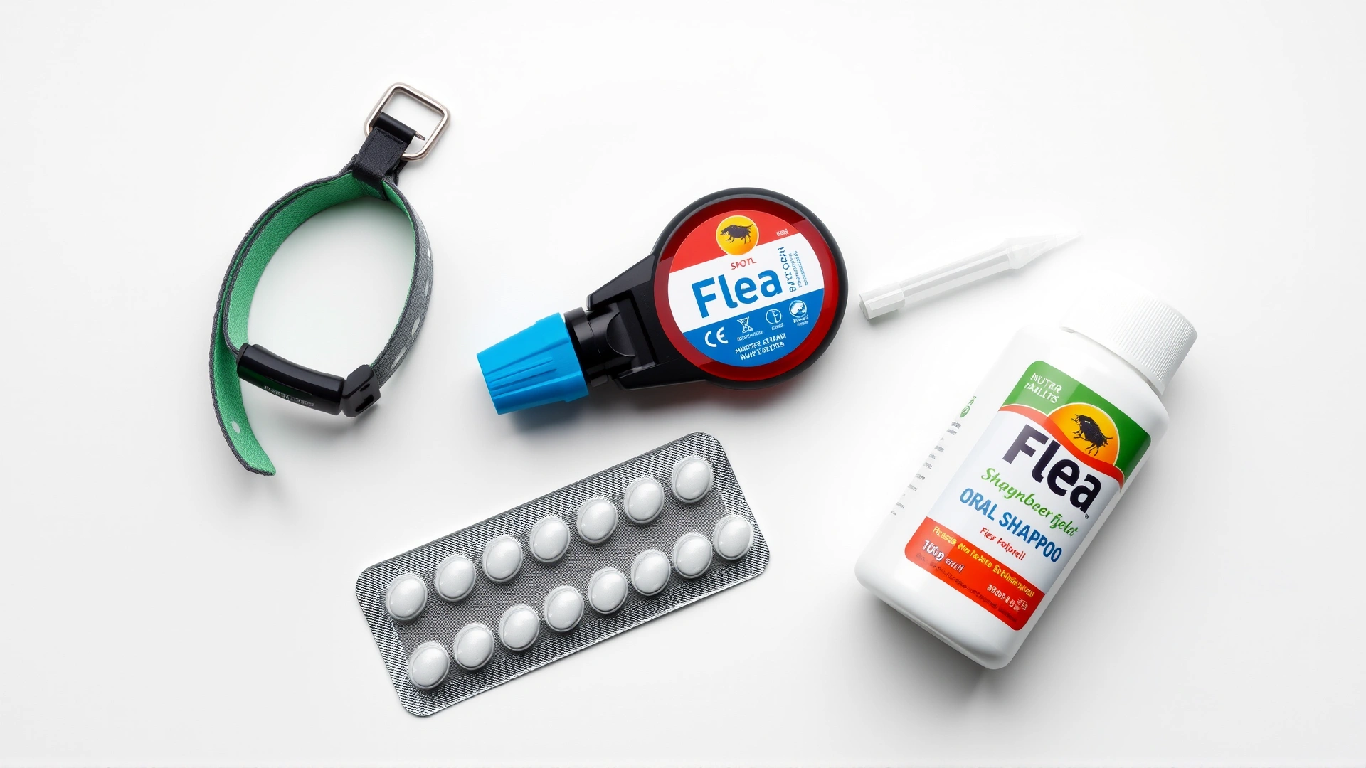 Flat-lay photograph of various flea control products including a collar, spot-on pipette, oral tablet blister pack and flea shampoo bottle on a white background