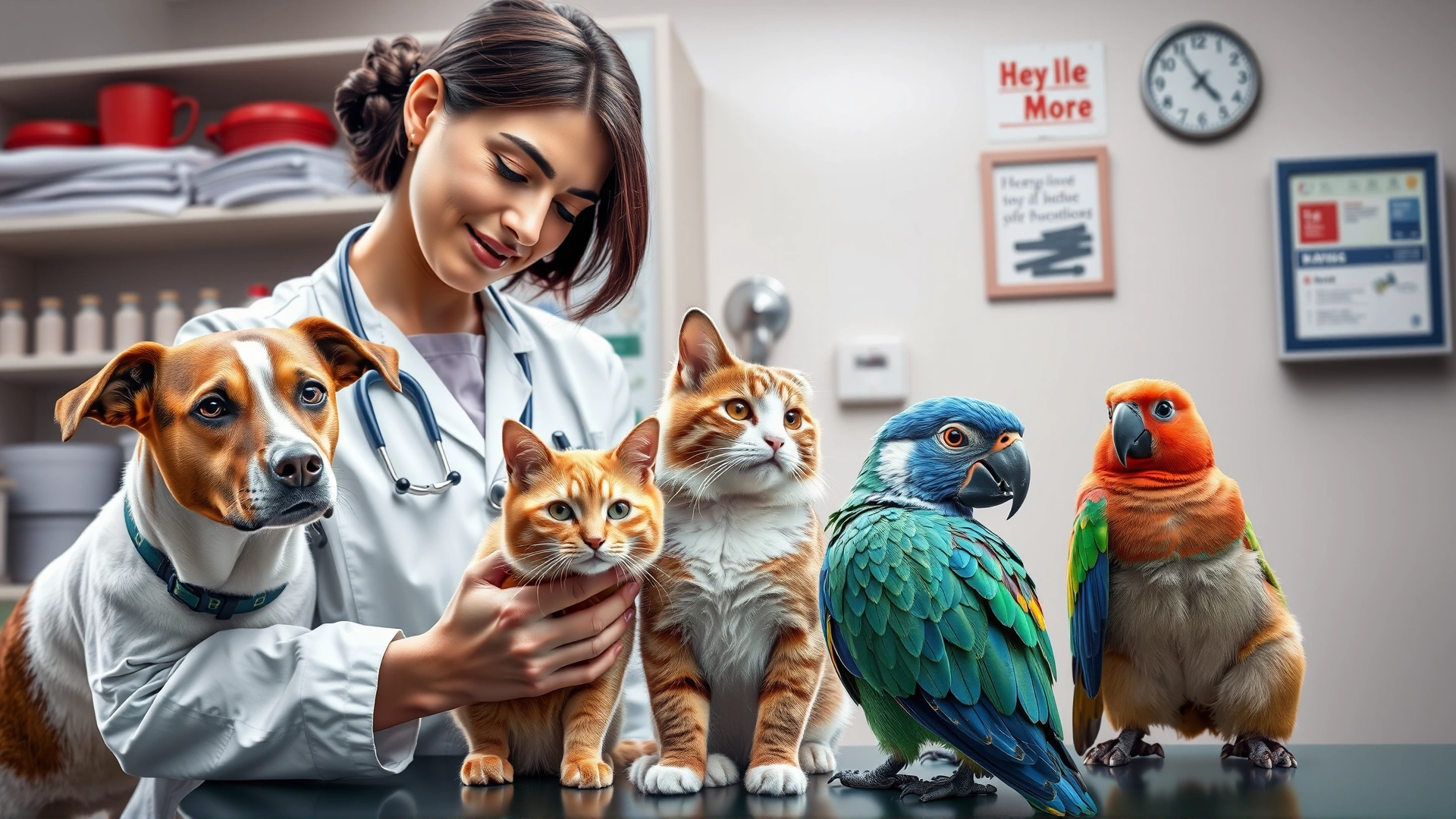Collage-style image of a veterinarian examining a dog, a cat, a rabbit and a parrot in a single clinic setting, vibrant colors, high resolution