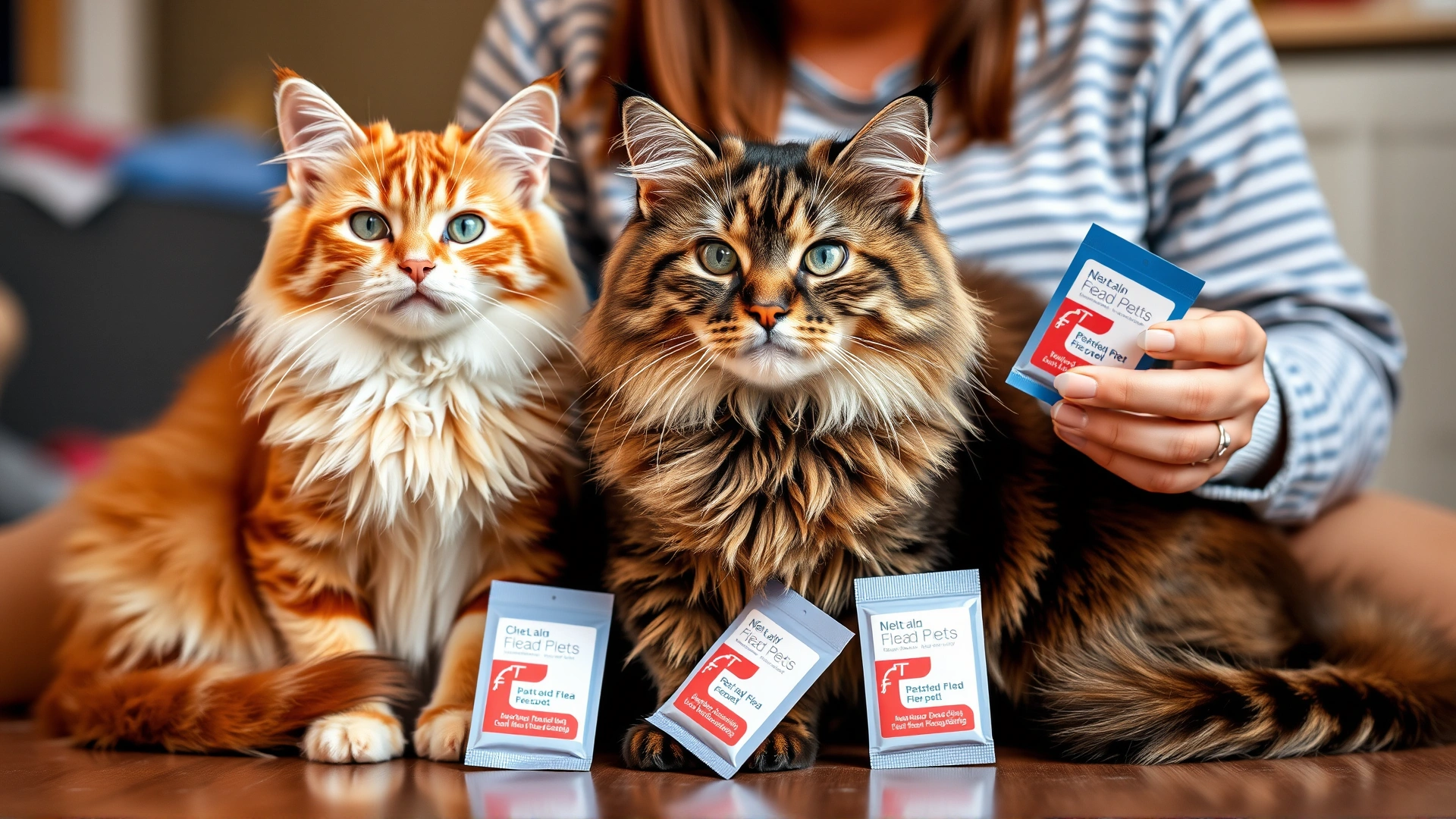 Two cats of different colors sitting calmly while their owner holds flea medication packs, illustrating treating all pets in the household, warm domestic setting.