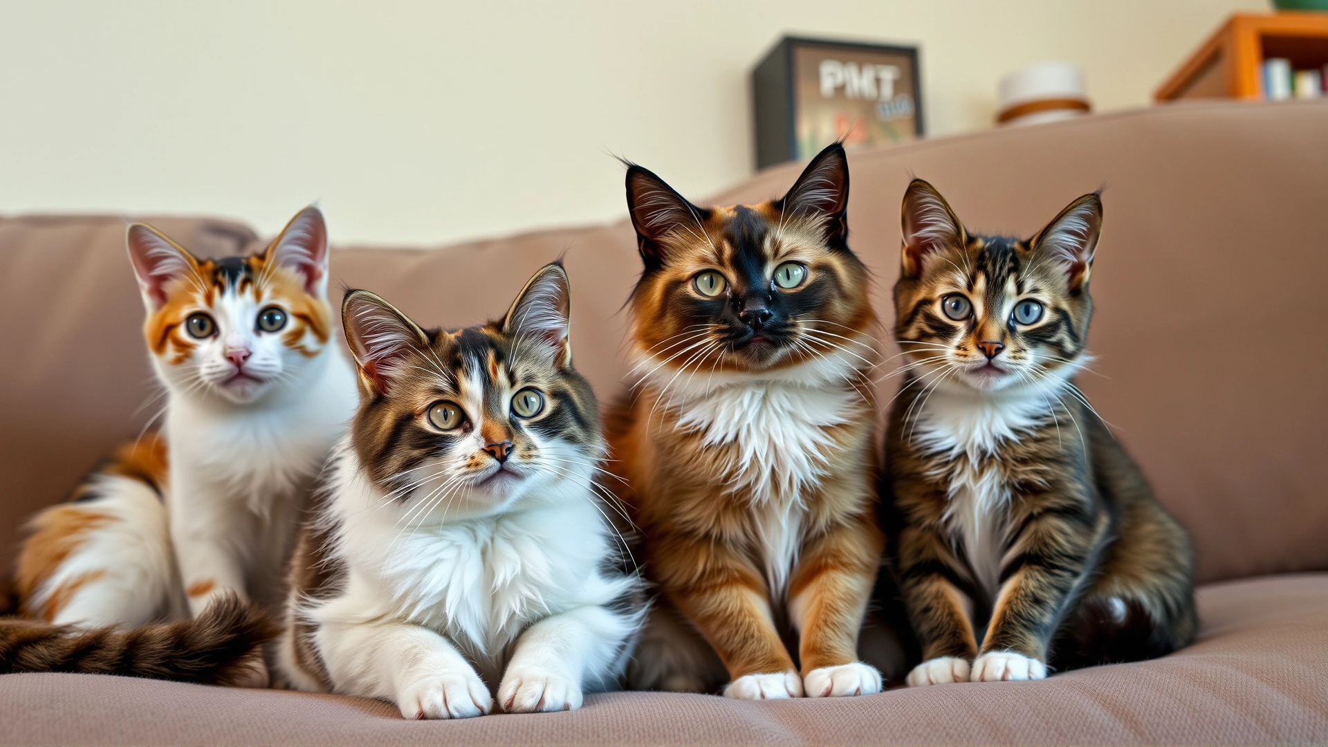 Group of four domestic cats of different colors sitting together on a cozy couch looking at the camera, homely setting, no text