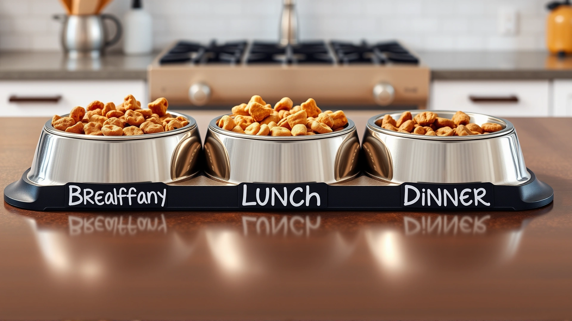 Row of three stainless-steel dog bowls labeled with breakfast, lunch, and dinner, filled with portioned kibble, on a clean kitchen countertop