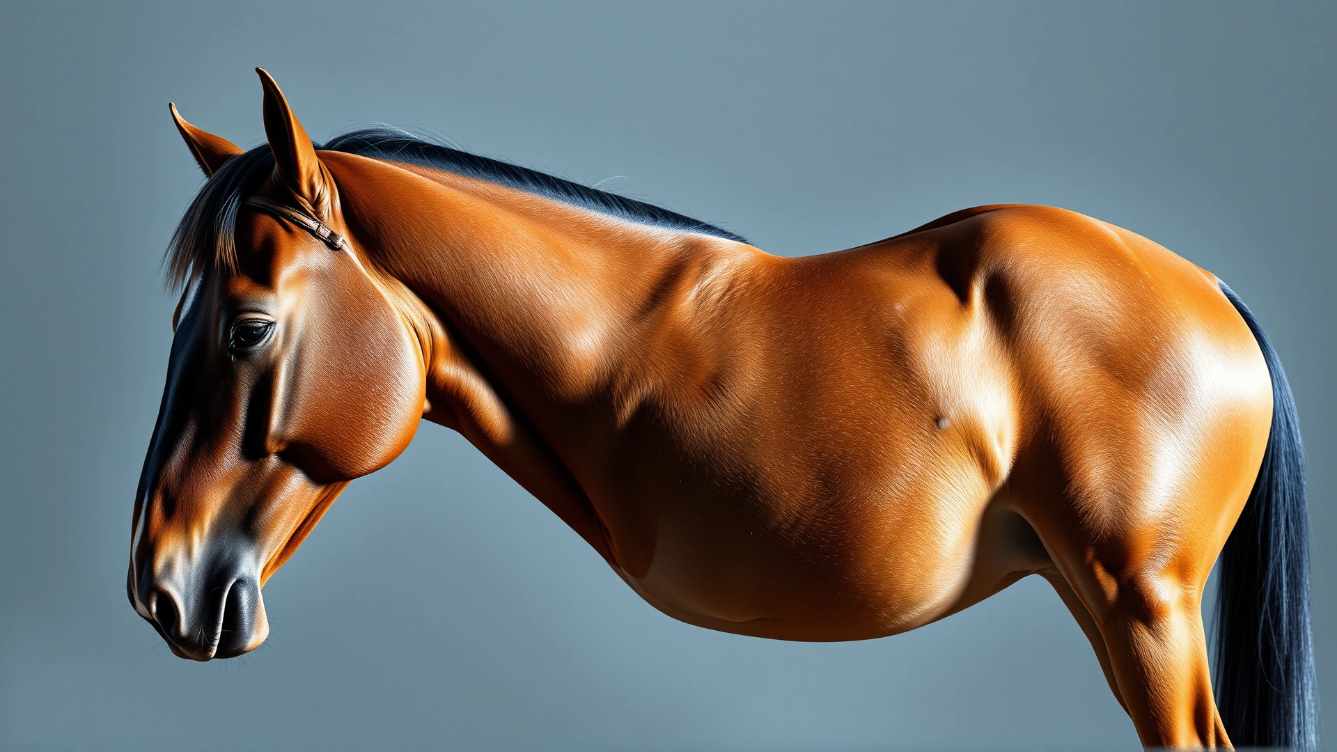 Side view of a fit horse under soft studio lighting highlighting defined muscle groups without any graphic overlays or labels