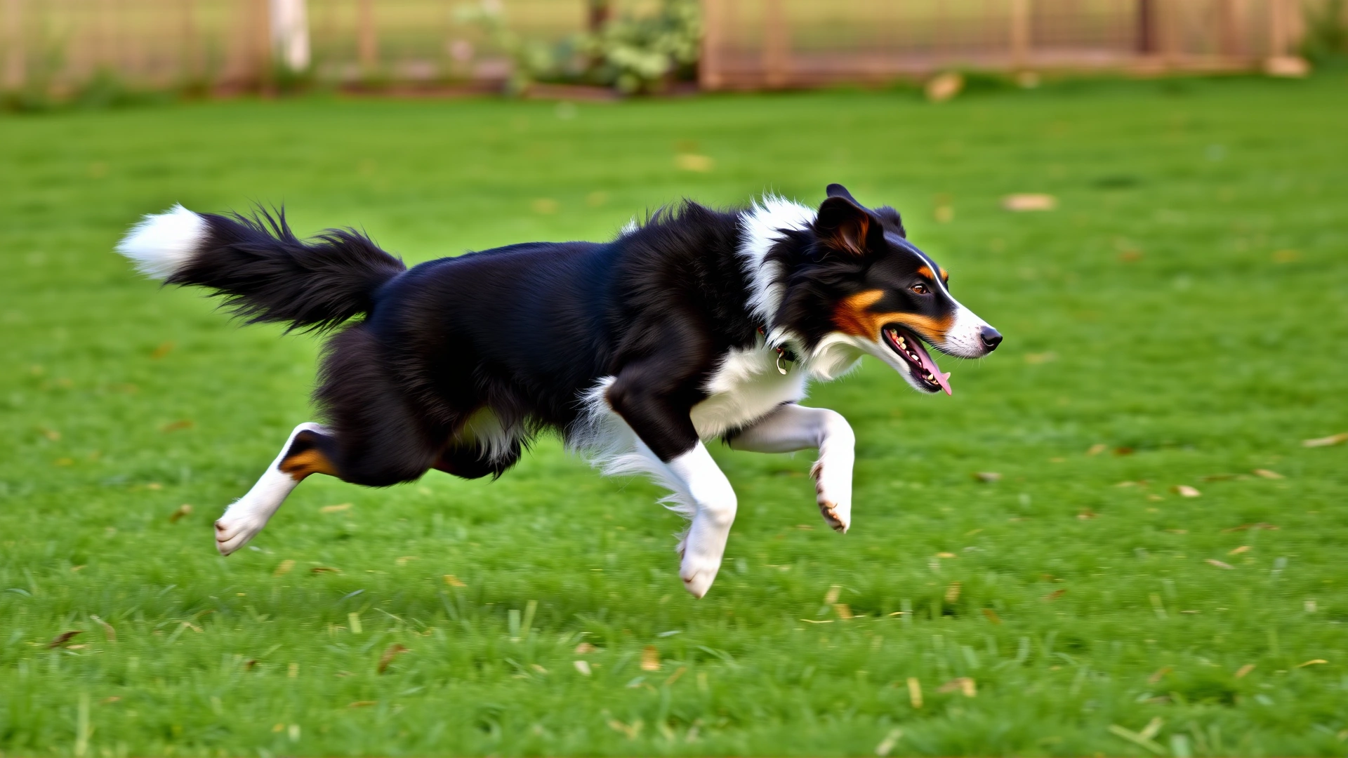 Athletic Border Collie sprinting across a green field during a fetch game, showing muscular strength and recovery.