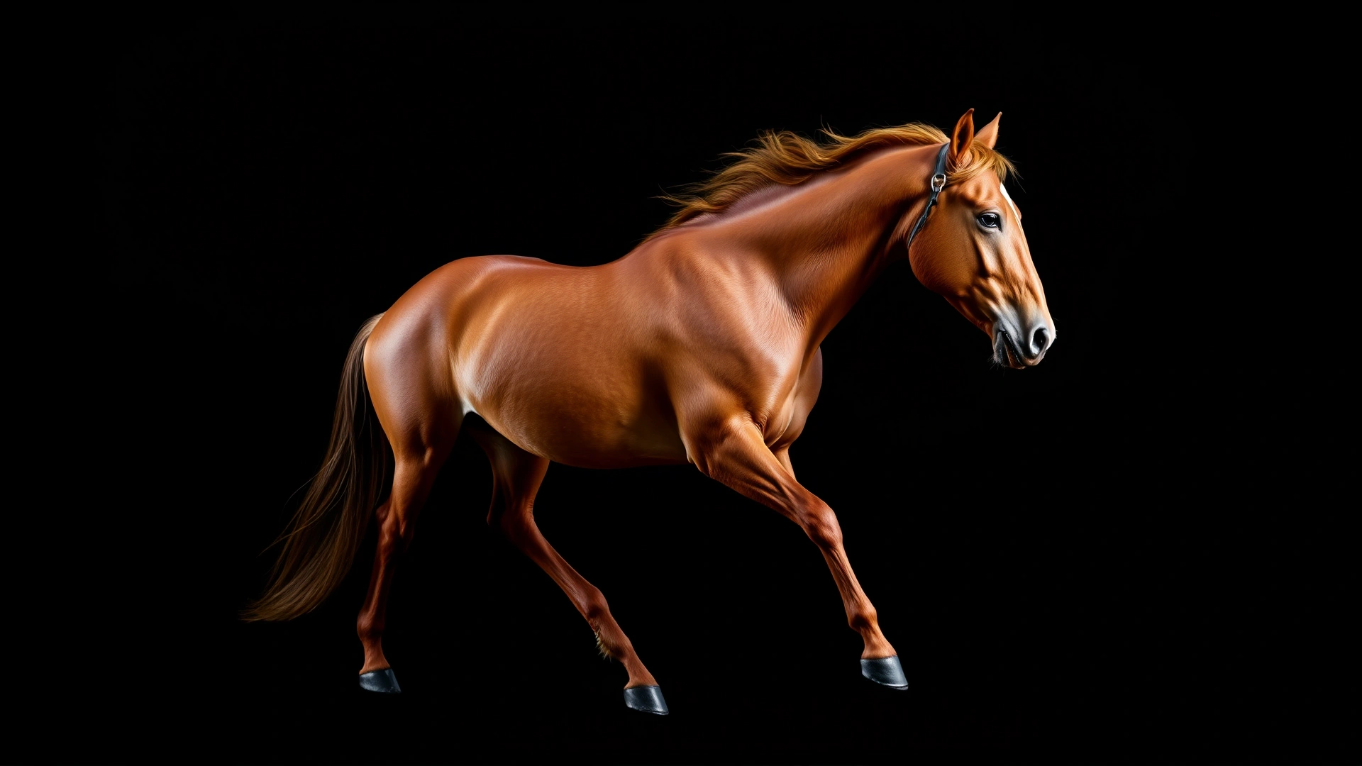 Studio photograph of a live chestnut horse in motion, muscles visibly defined under short coat, against a dark seamless background, no text