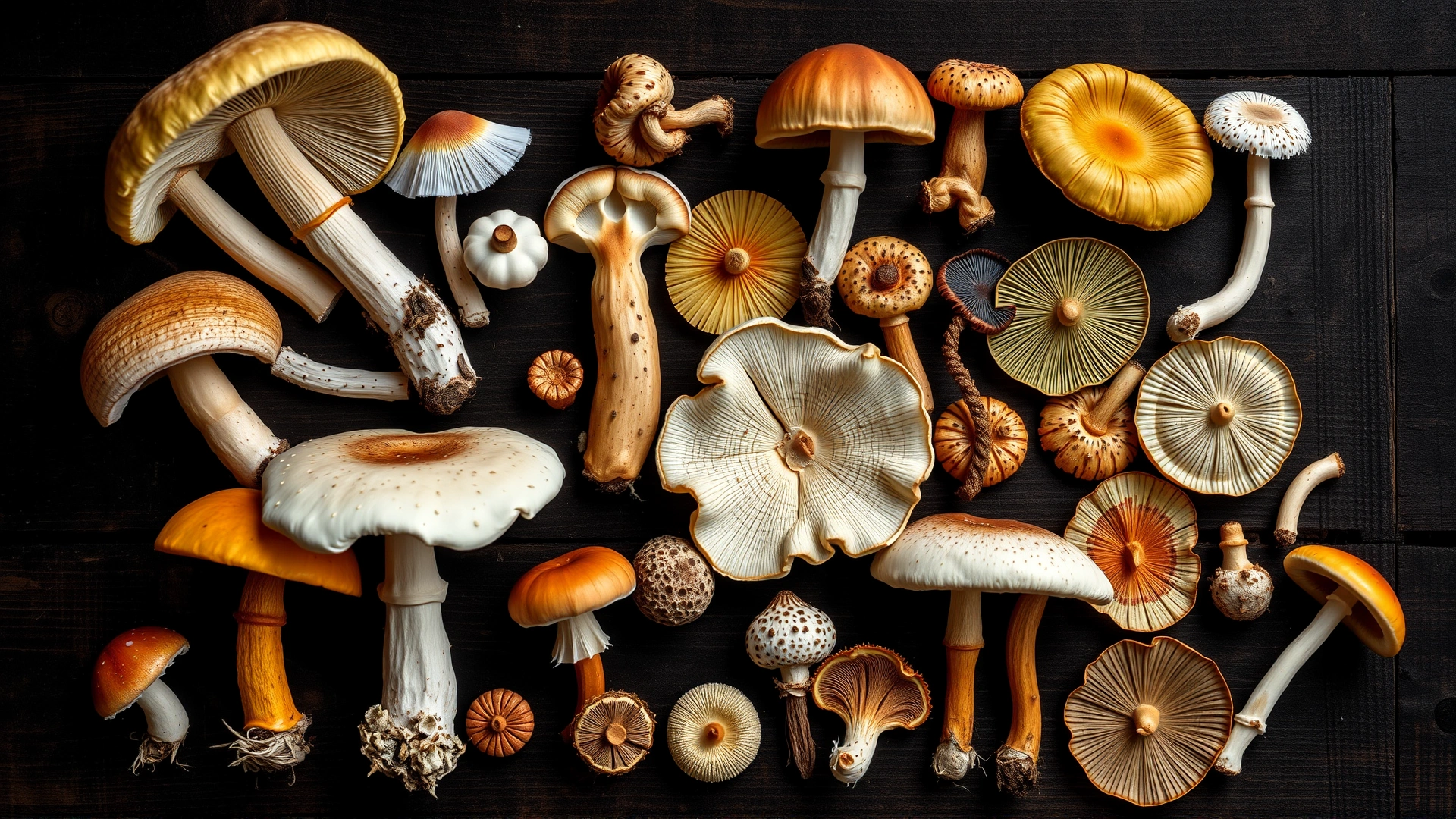 A collection of various toxic mushrooms such as Amanita phalloides, Amanita muscaria, and Inocybe species laid out on a dark wooden surface for identification.