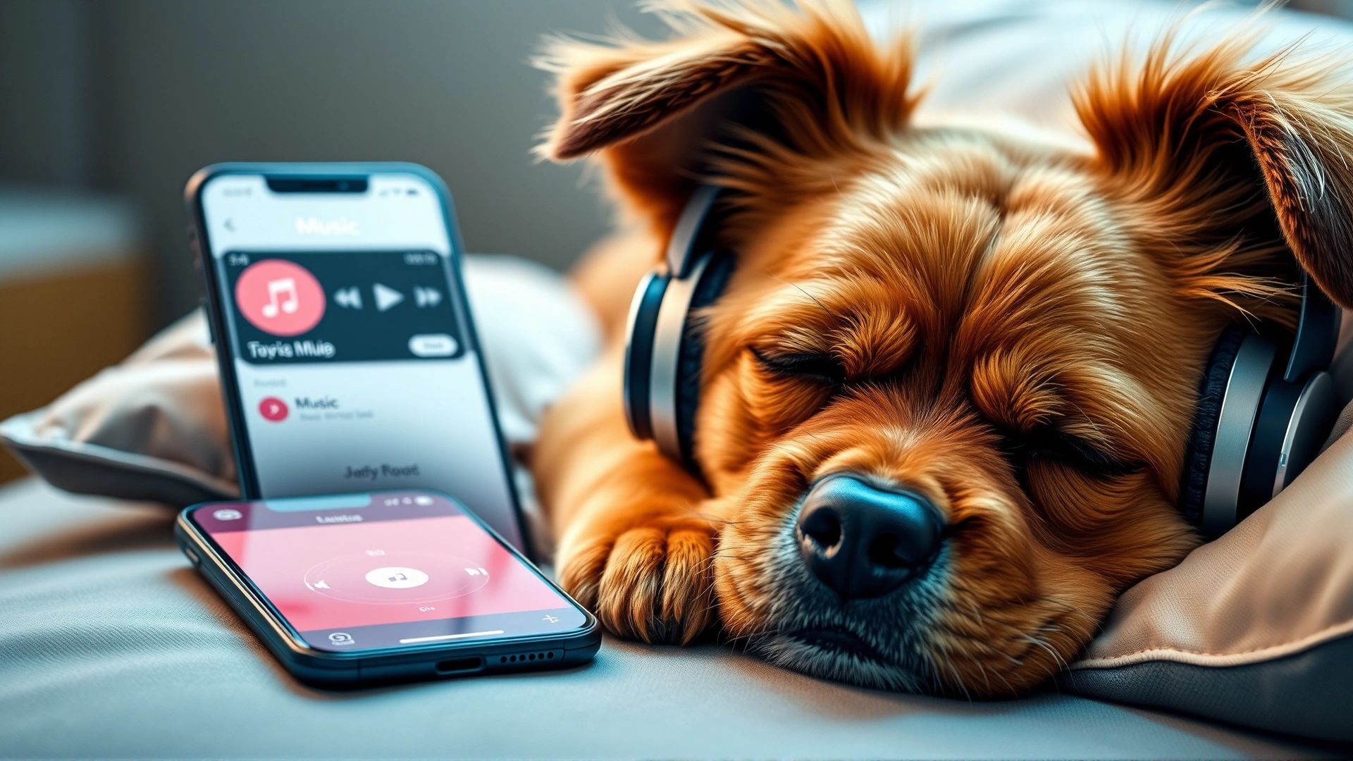 Friendly dog wearing soft padded headphones, eyes half-closed, lying on a pillow with a smartphone next to it showing a music app