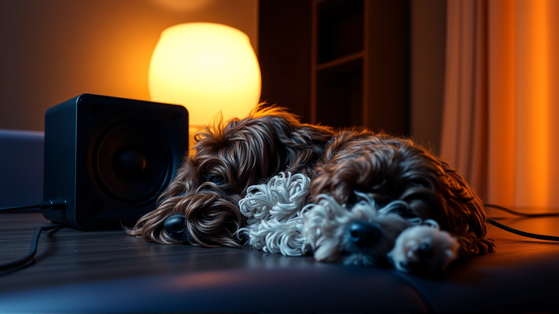 Cocker spaniel sleeping near a small speaker emitting soft music in a dimly lit room