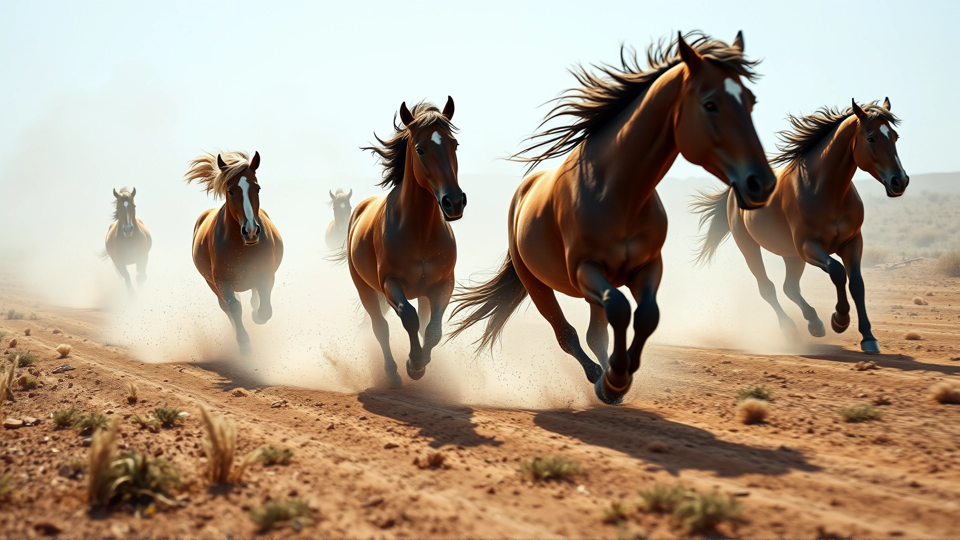 Dynamic action shot of several mustangs galloping through dusty terrain with manes flowing, captured from low angle, no text