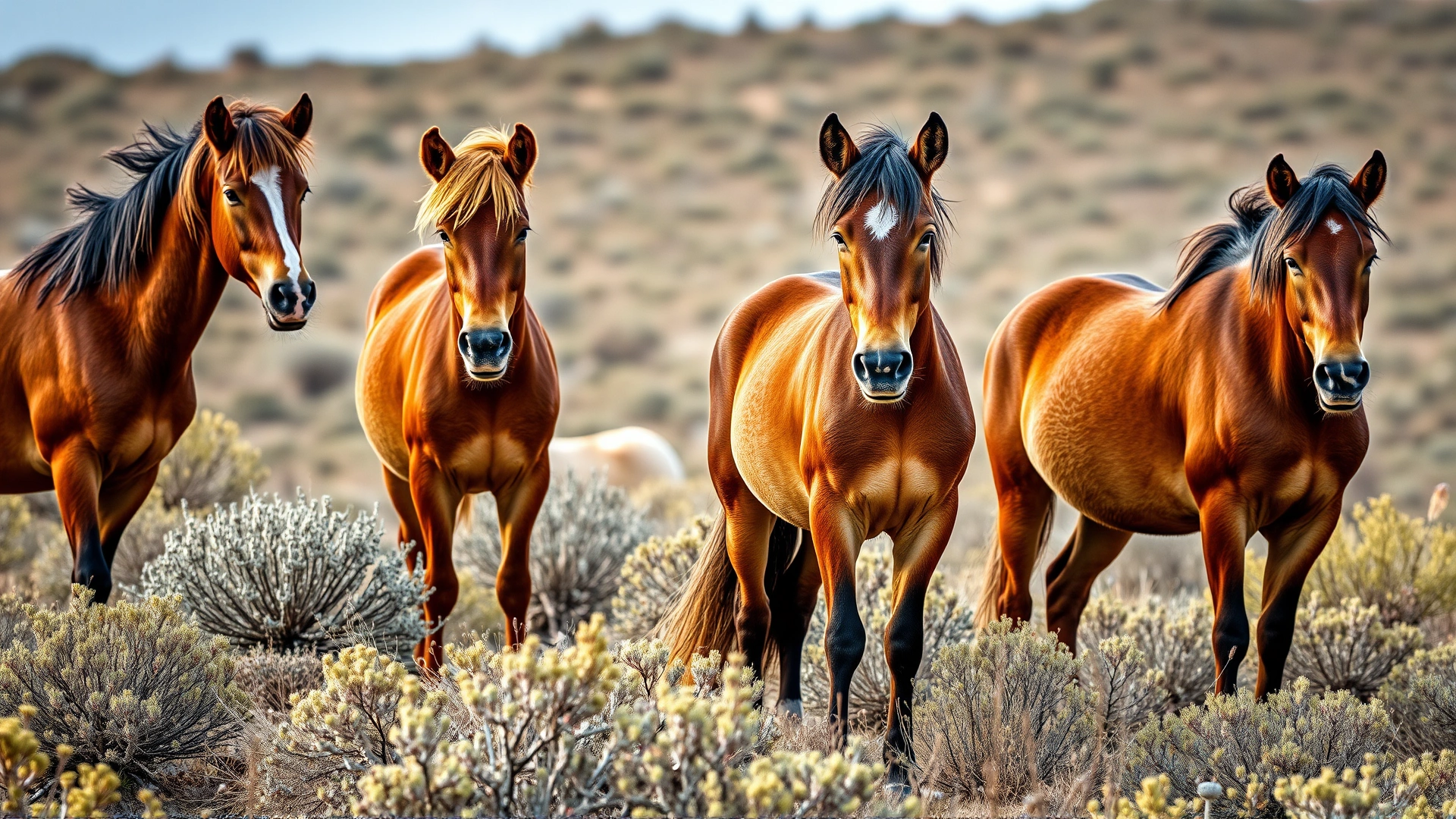 Closer view of several mustangs standing alert in sagebrush terrain, showcasing their muscular build and natural environment