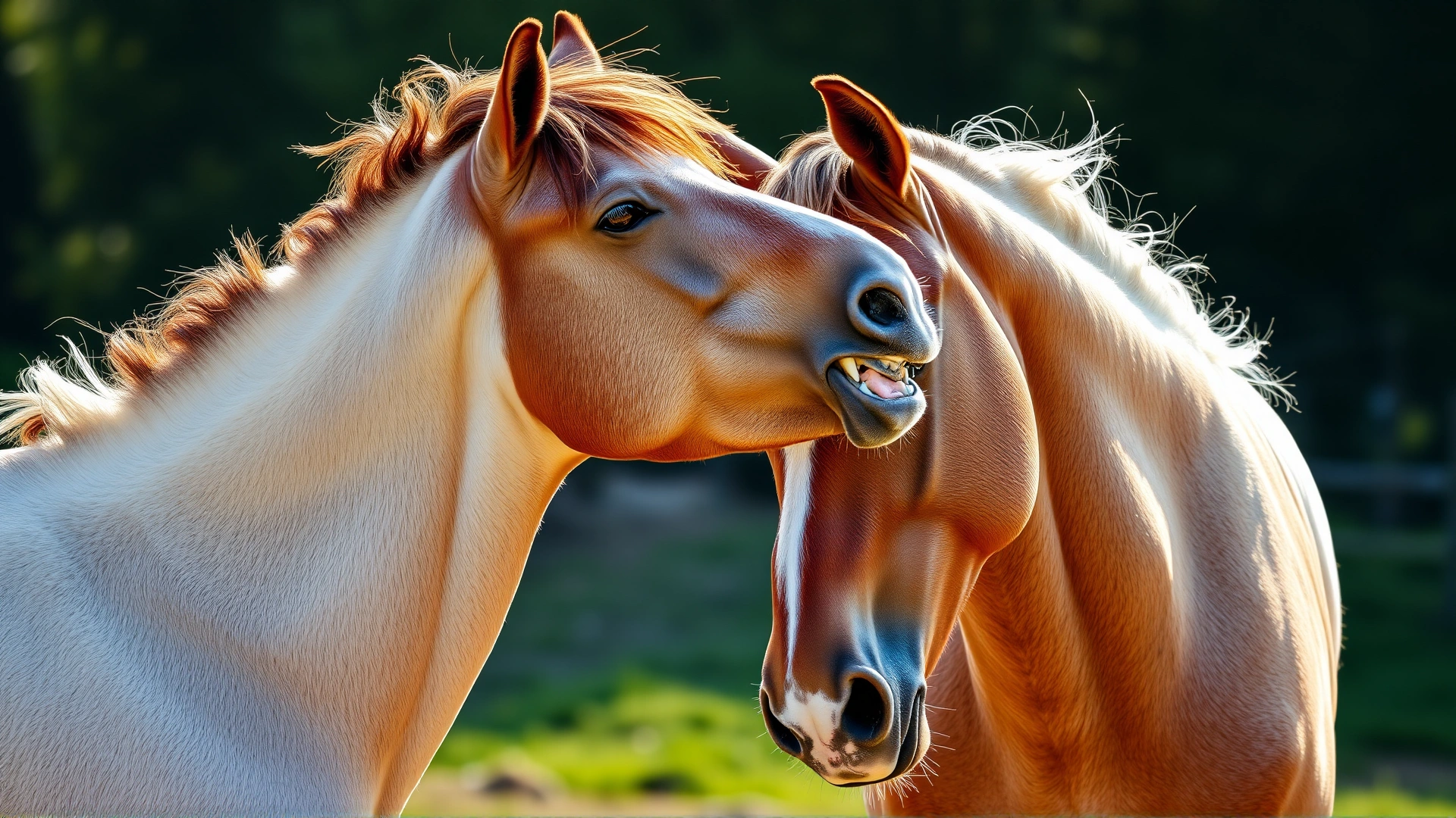 Two horses standing side by side, using their teeth to groom each other's withers, demonstrating mutual grooming behavior.