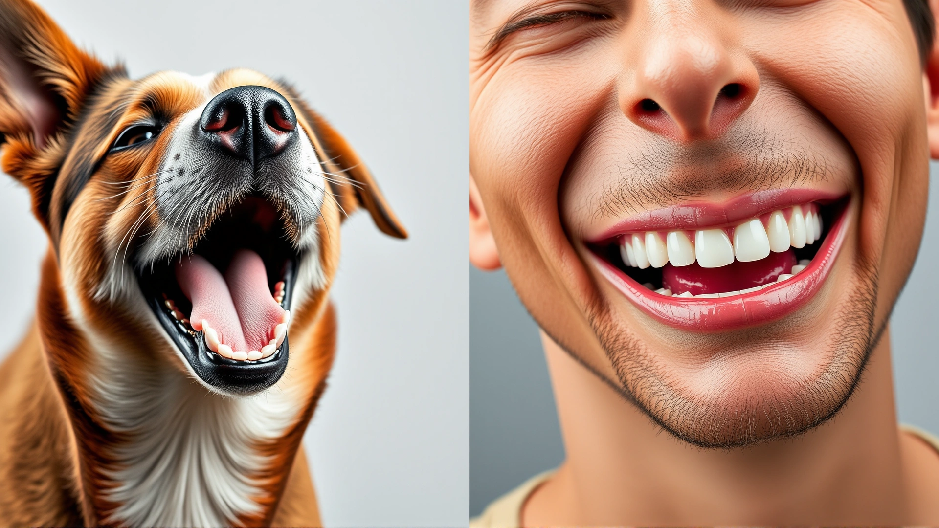 Side-by-side shot of a dog yawning and a human smiling, both showing teeth, highlighting the idea of oral hygiene.