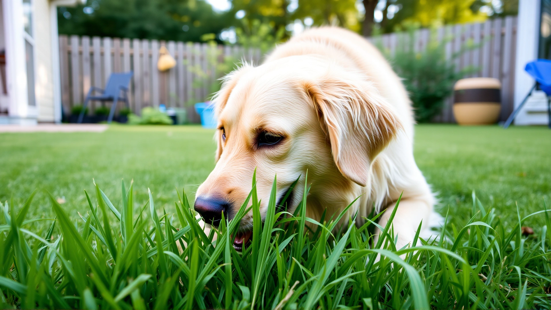 Golden retriever nibbling on fresh green grass in a backyard during daytime.
