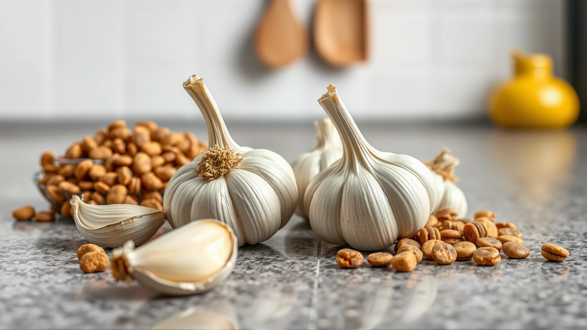 Flat lay of garlic cloves next to dog kibble on a kitchen counter, soft light.