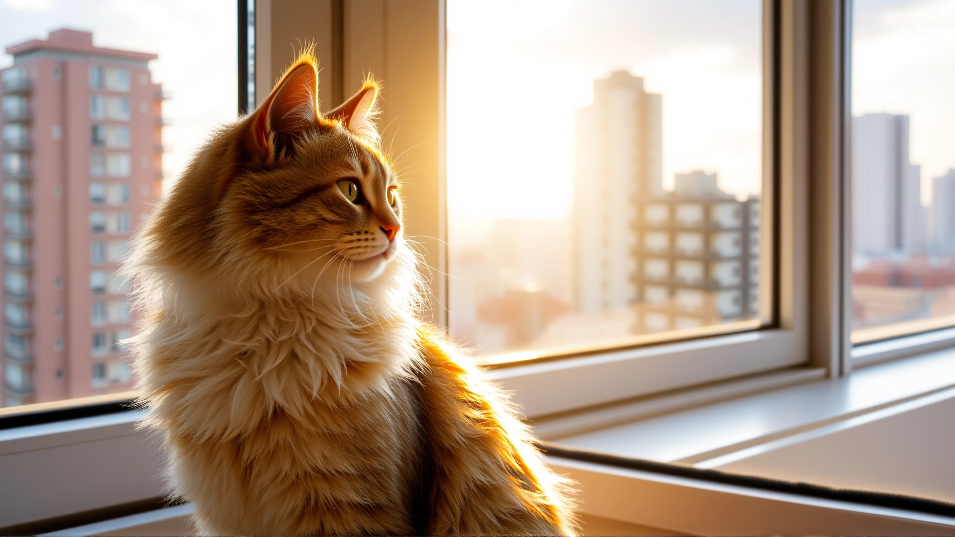 Indoor domestic cat sitting by a sunny window with a cityscape in the background.