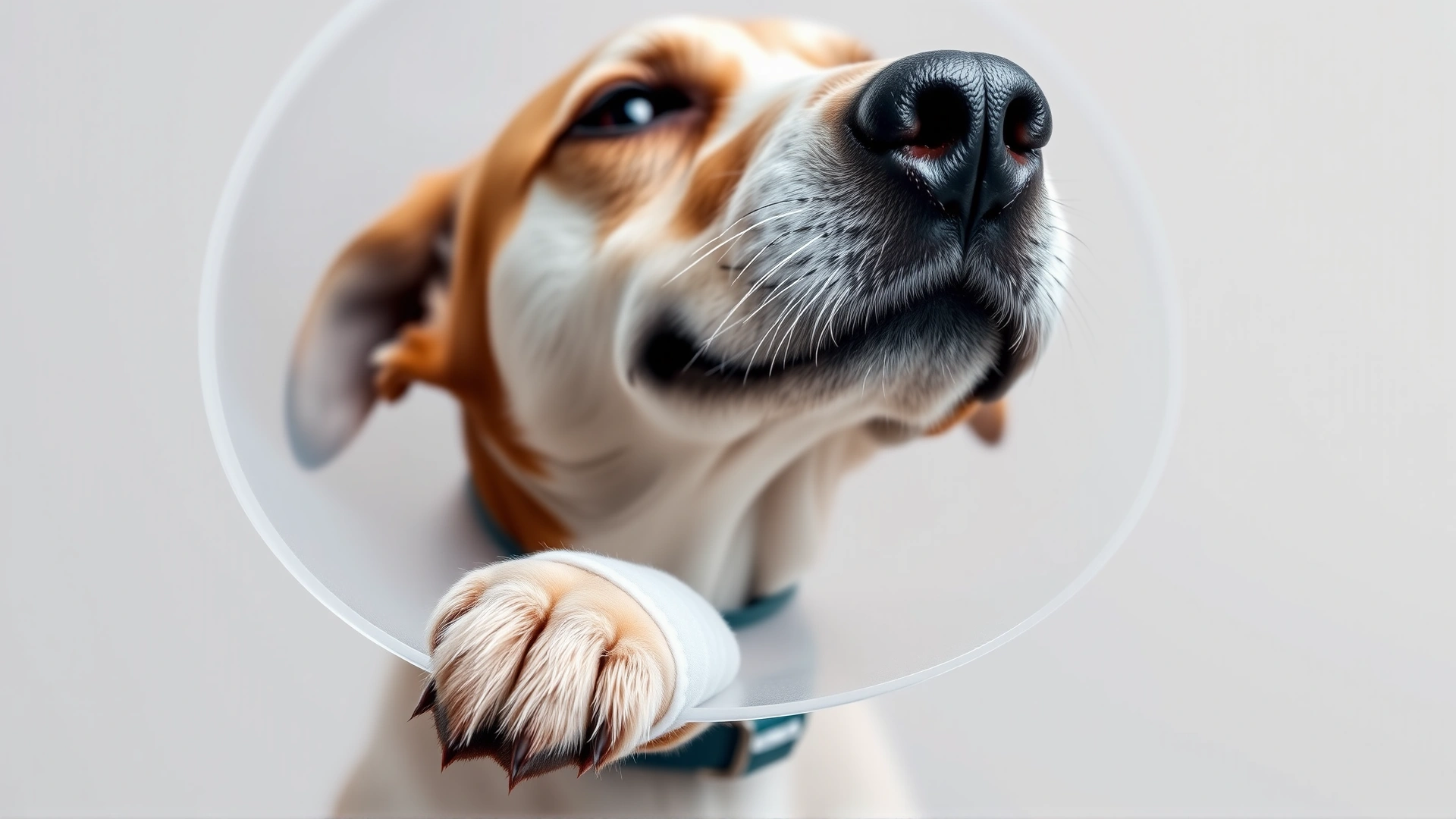 Close-up of a dog wearing a protective cone (Elizabethan collar) to prevent licking a bandaged paw, neutral background.