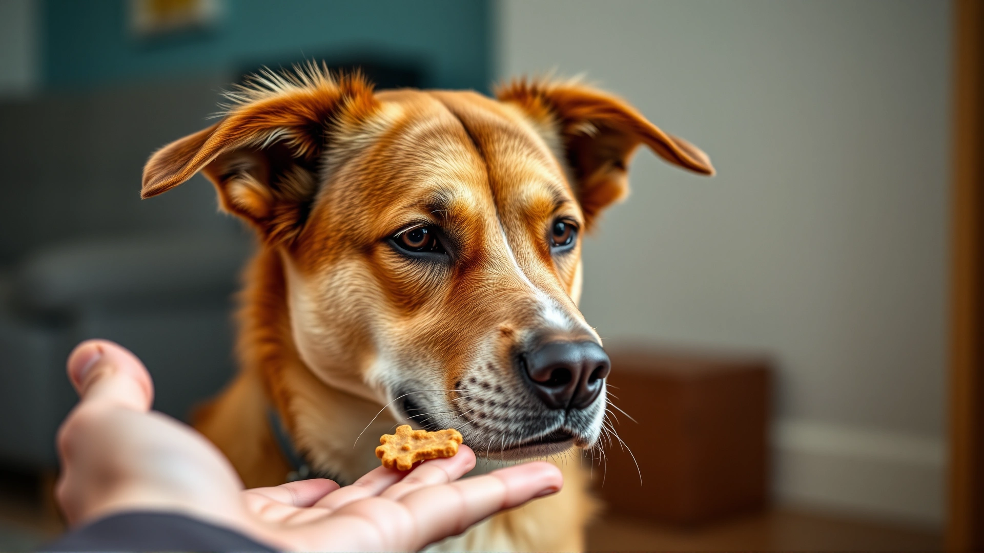 Senior dog calmly focusing on a training treat while the owner's hand is extended, indoor setting.