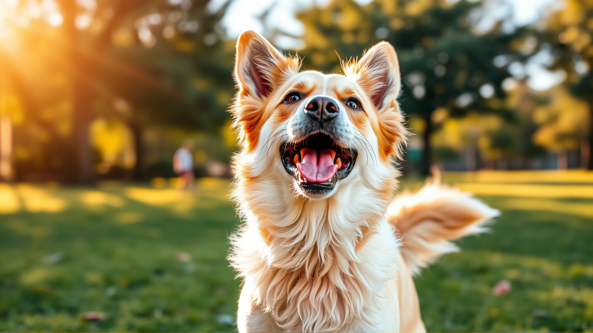 Mid-shot of a cheerful dog with a visibly wagging tail in a park under warm sunlight.