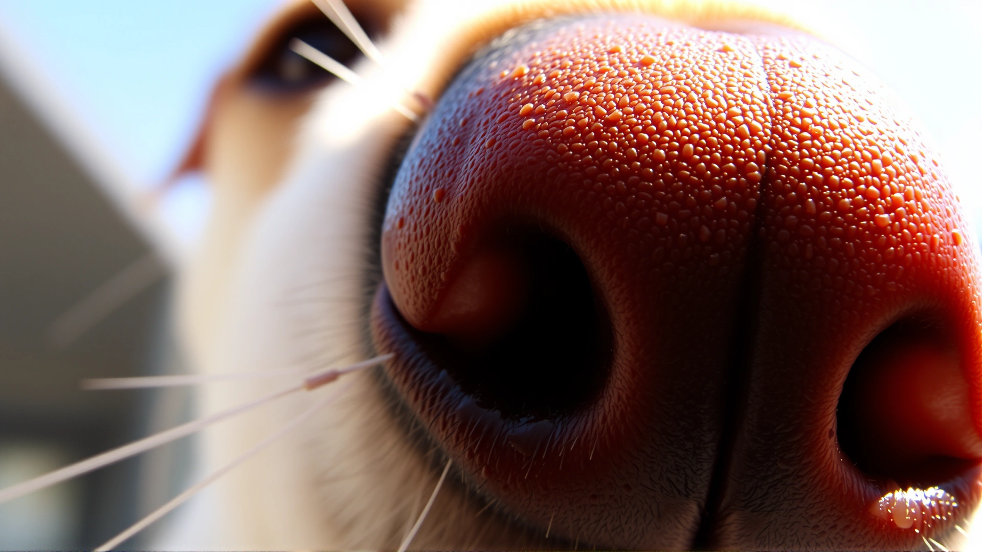 Macro shot of a dog's nose in bright daylight showing natural texture and moisture.