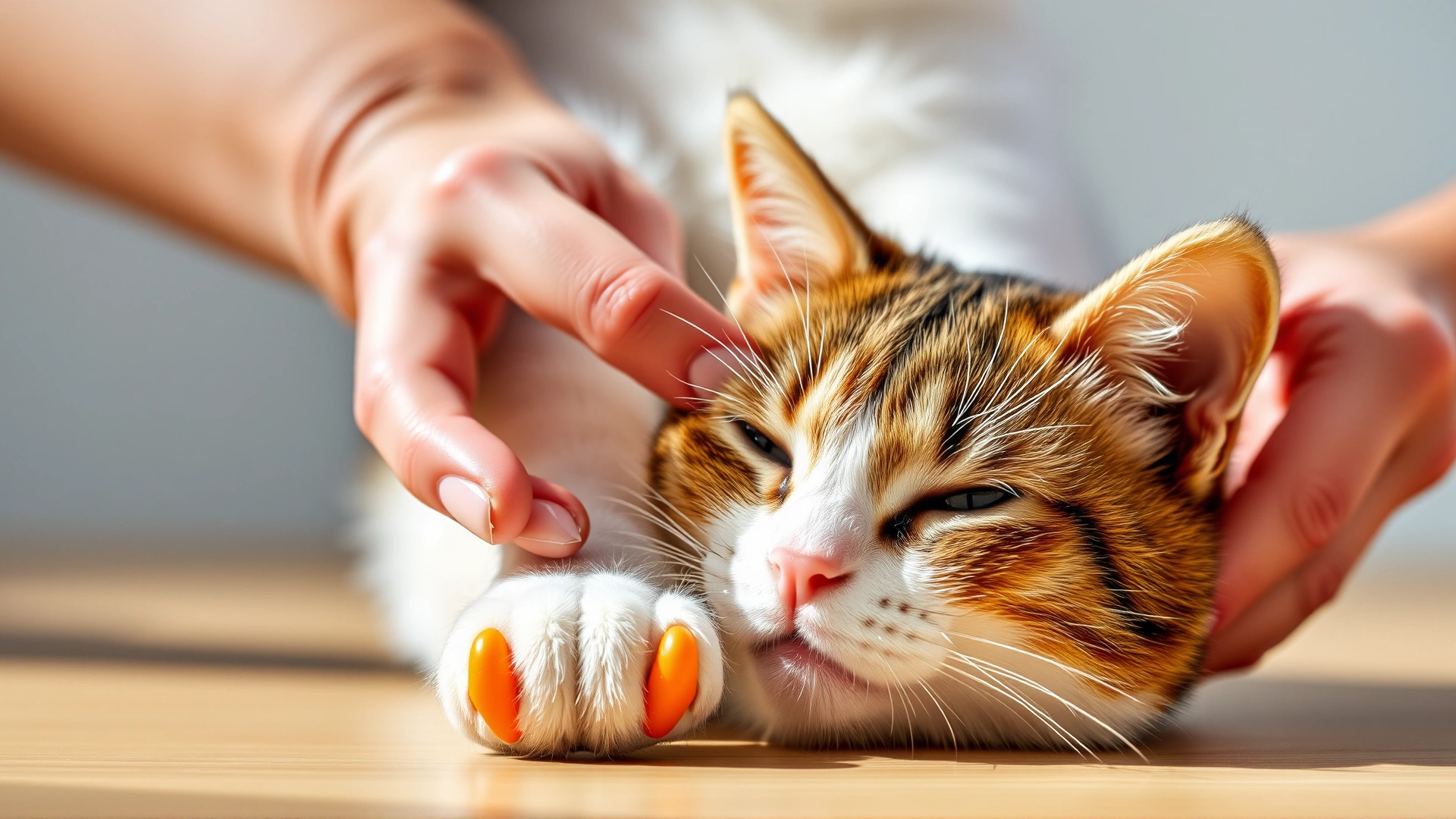 Close-up of human hands gently applying colorful soft claw caps on a calm cat’s paws, bright and clear