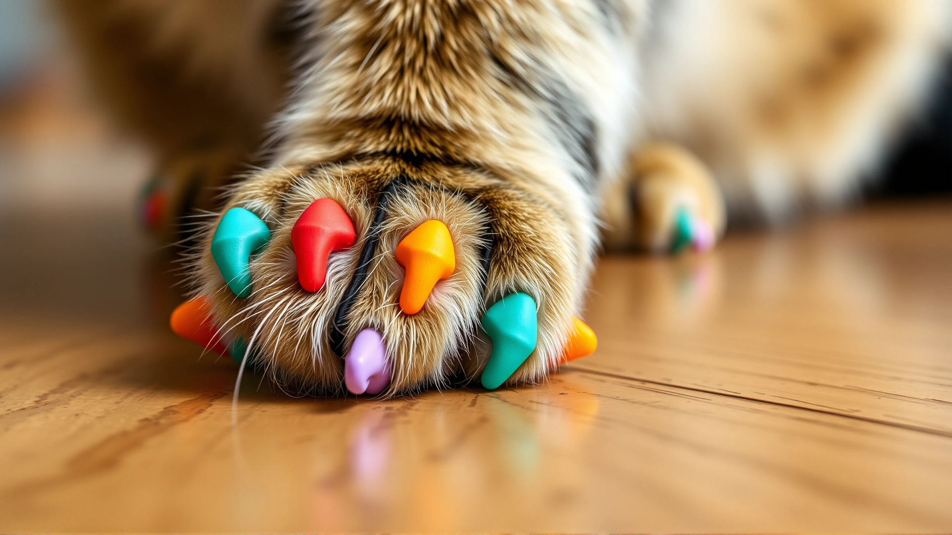 Macro shot of a cat’s paw wearing colorful soft nail caps resting on a wooden floor.