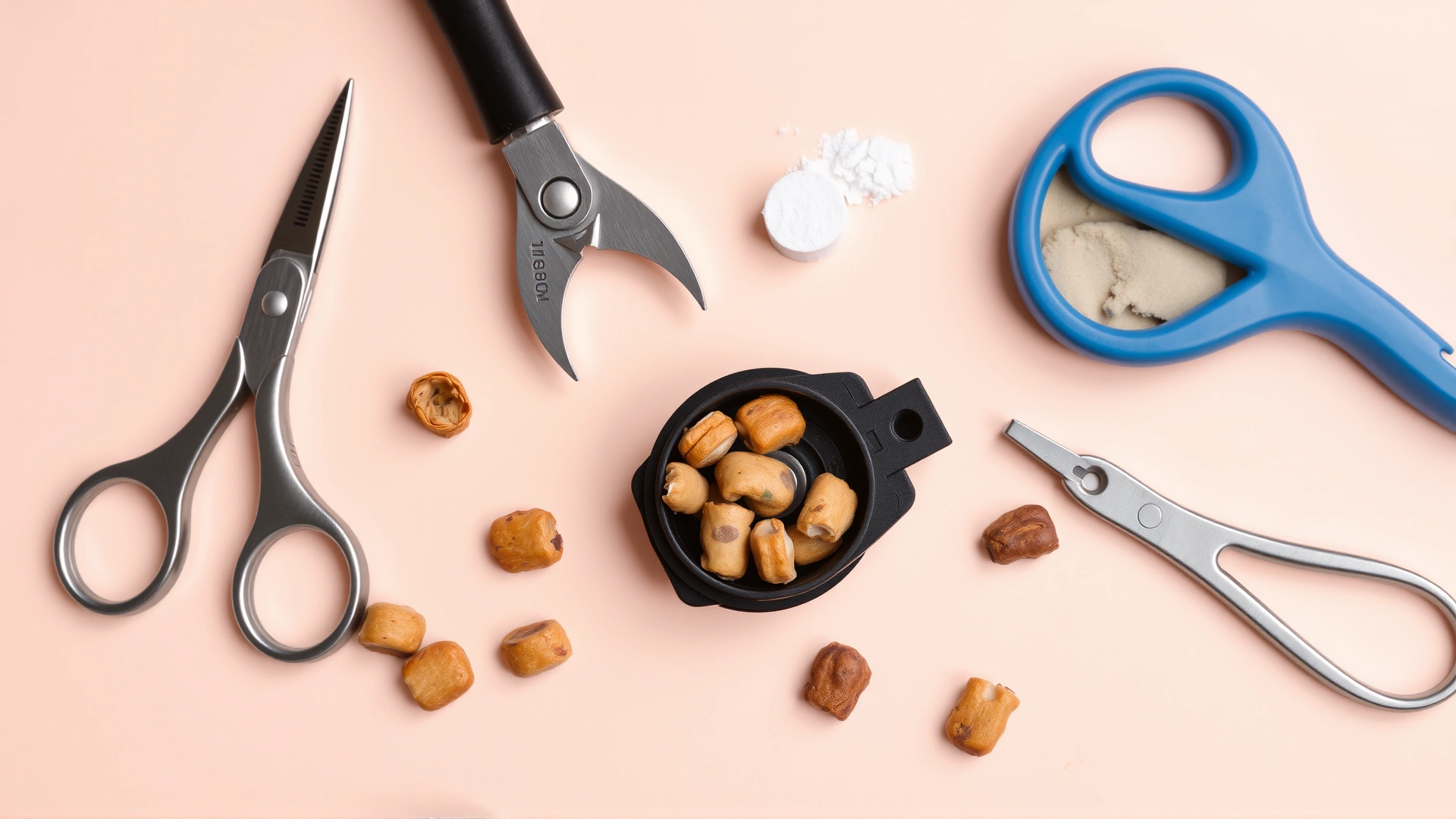 Flat lay image of various dog nail trimming tools – scissor clipper, guillotine clipper, nail grinder, styptic powder, treats – arranged neatly on a pastel background.